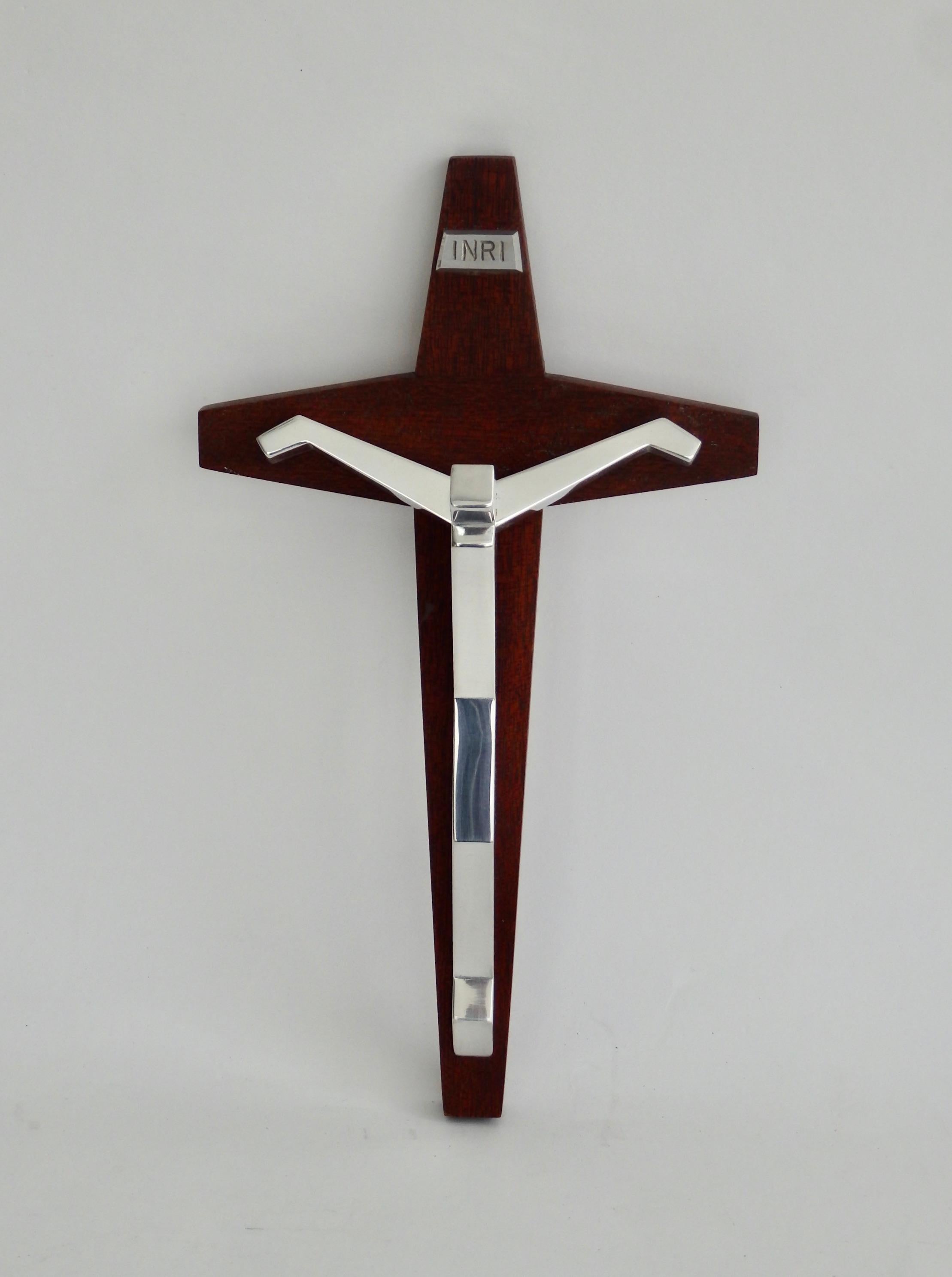 Mid-Century Modern Modernist polished Aluminum and Mahogany Crucifix