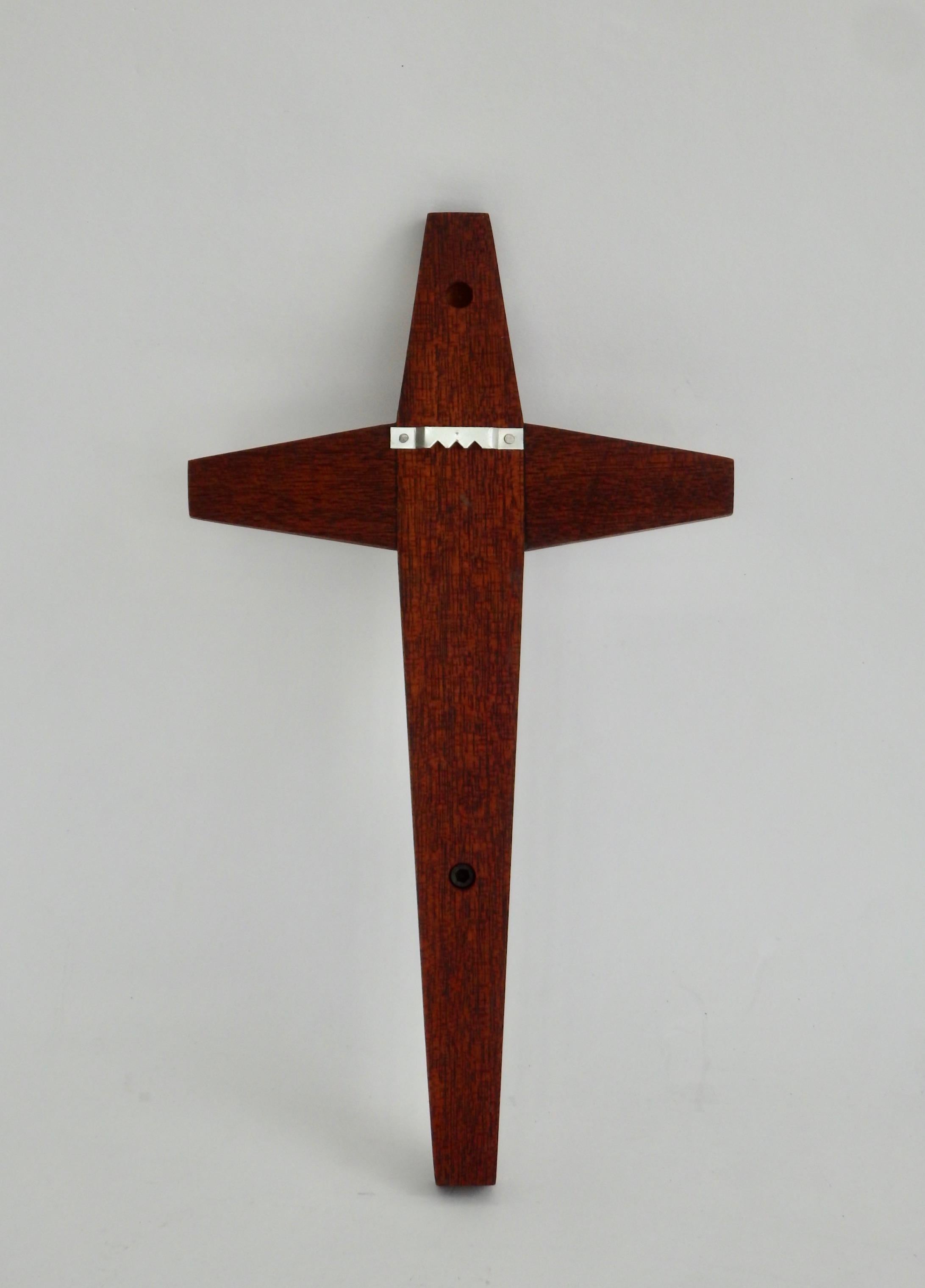 American Modernist polished Aluminum and Mahogany Crucifix