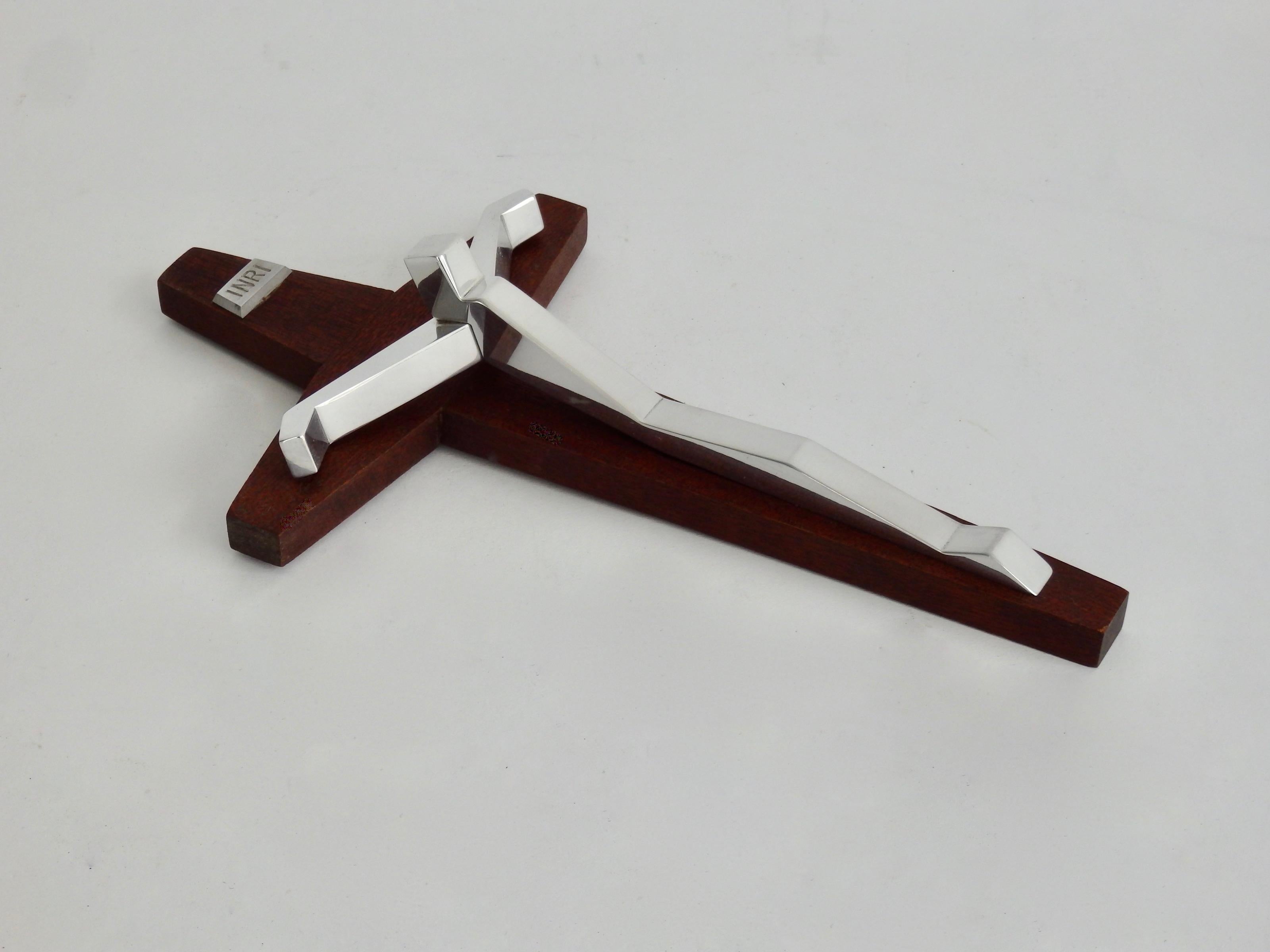 Hand-Crafted Modernist polished Aluminum and Mahogany Crucifix