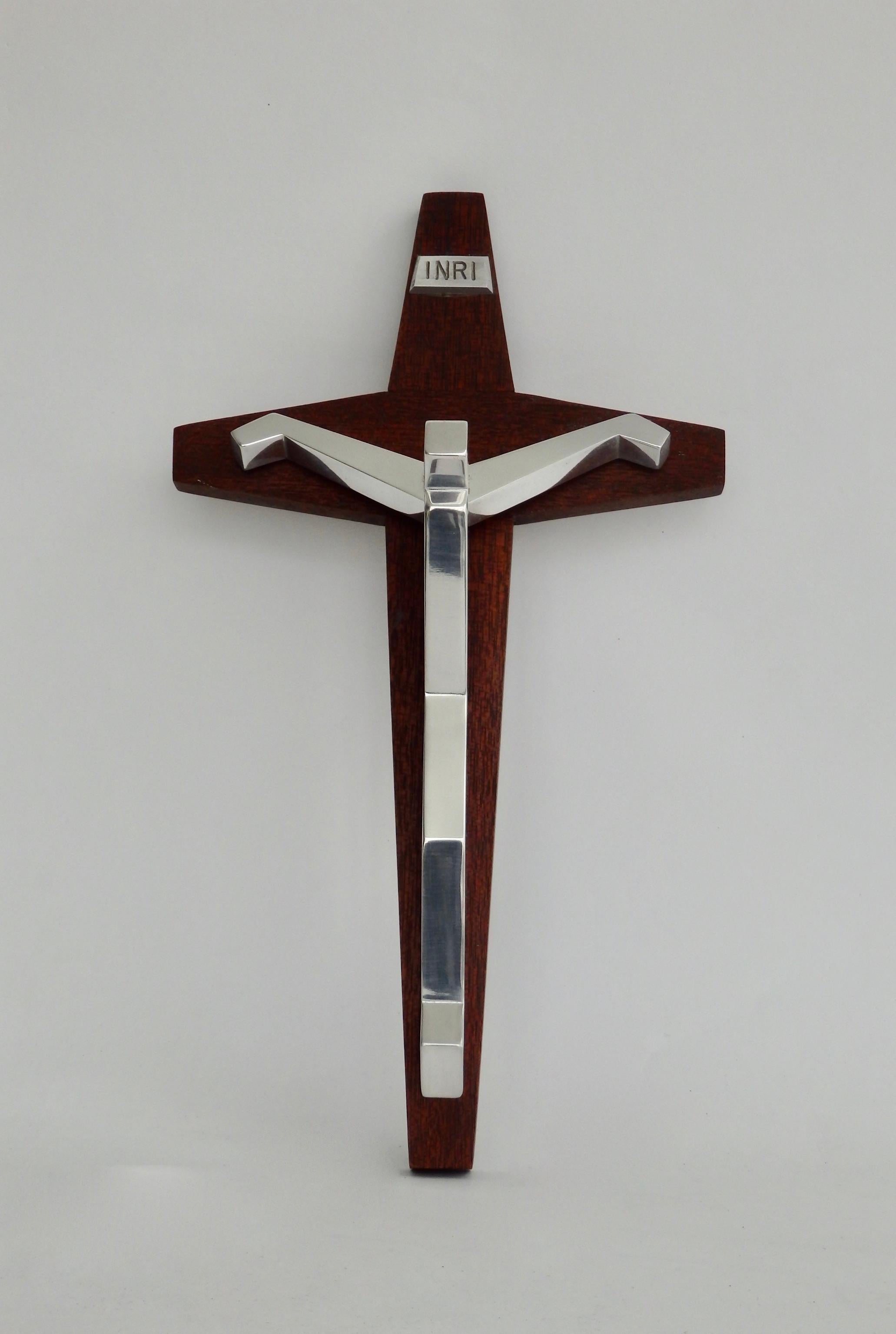 20th Century Modernist polished Aluminum and Mahogany Crucifix