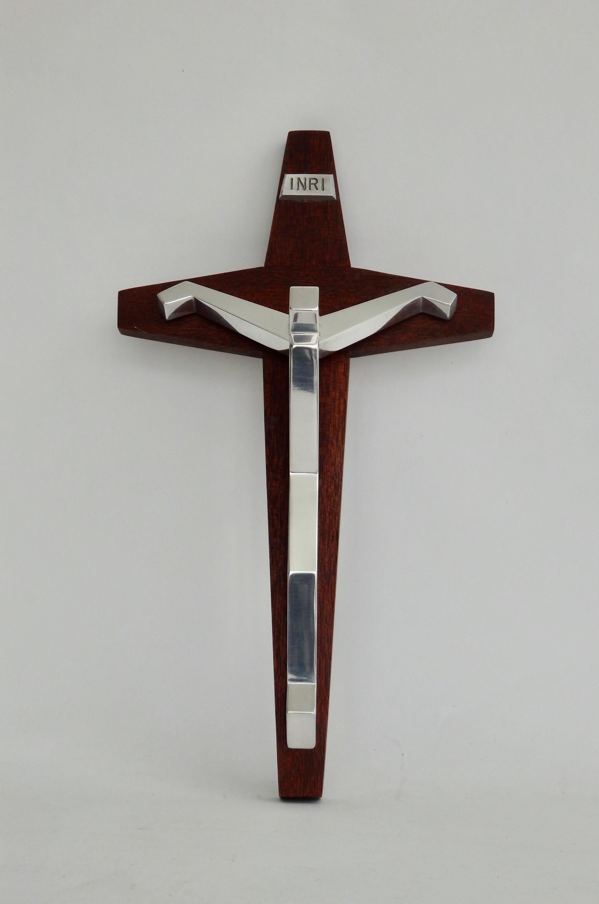 Modernist polished Aluminum and Mahogany Crucifix 1