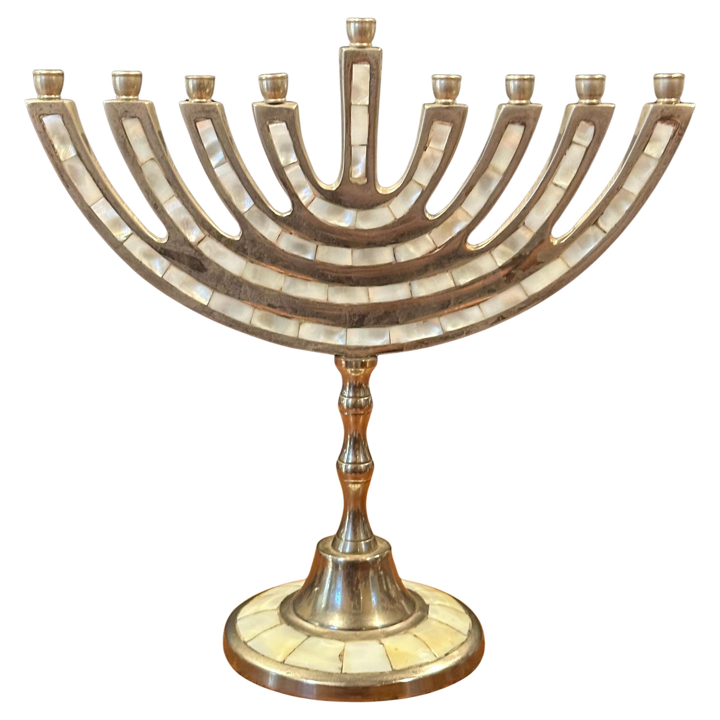 American Modernist Aluminum and Mother-of-Pearl Menorah For Sale