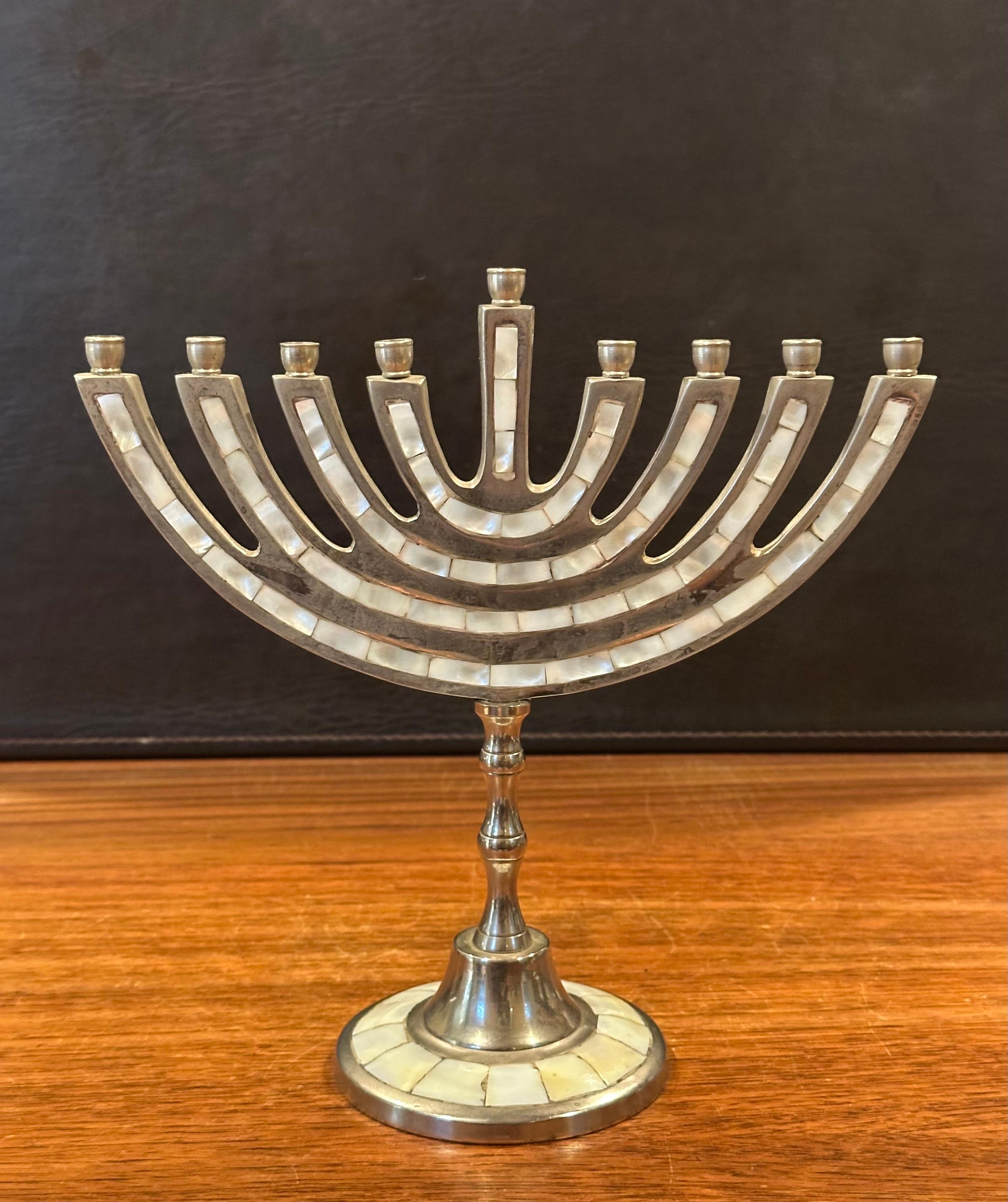 20th Century Modernist Aluminum and Mother-of-Pearl Menorah For Sale