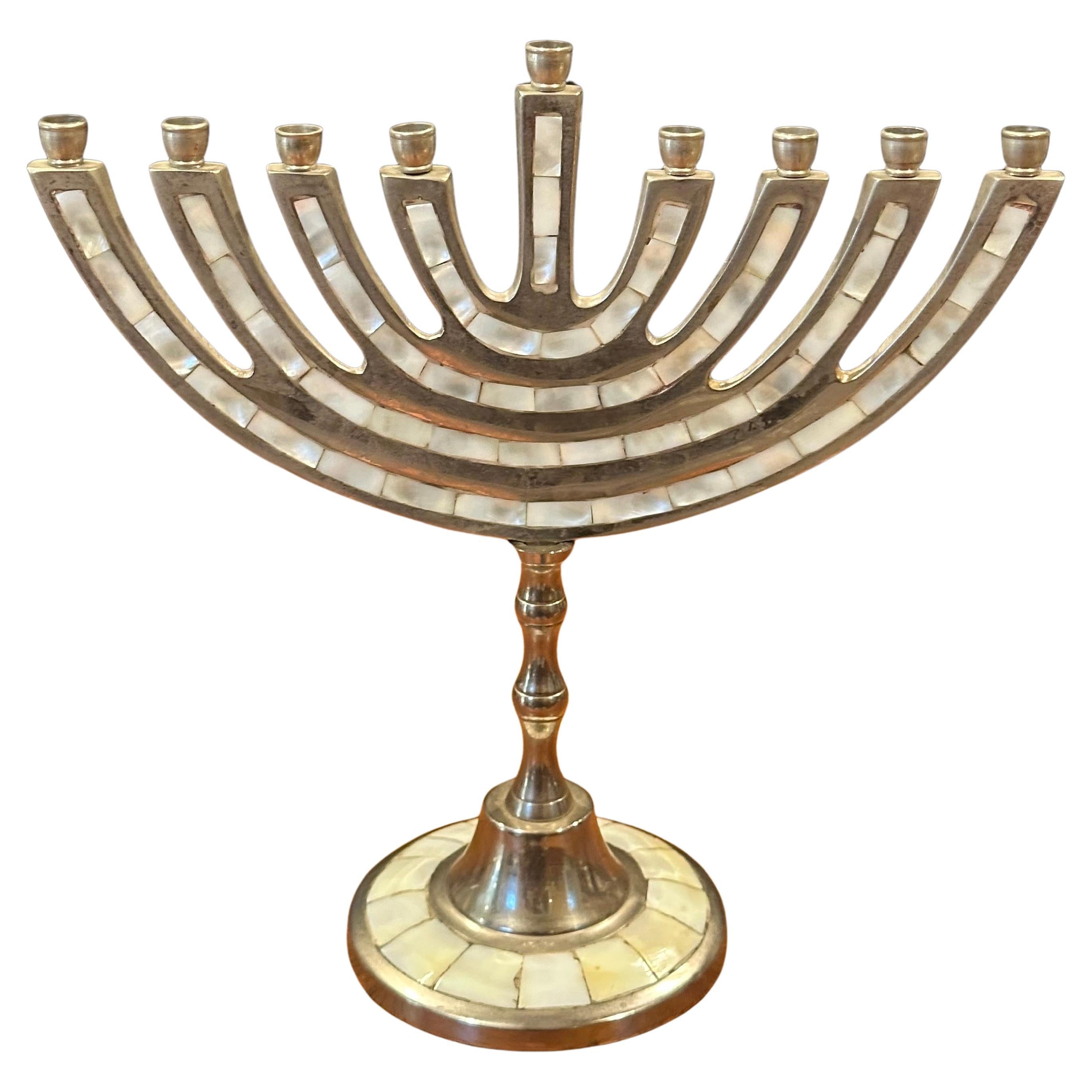 Modernist Aluminum and Mother-of-Pearl Menorah