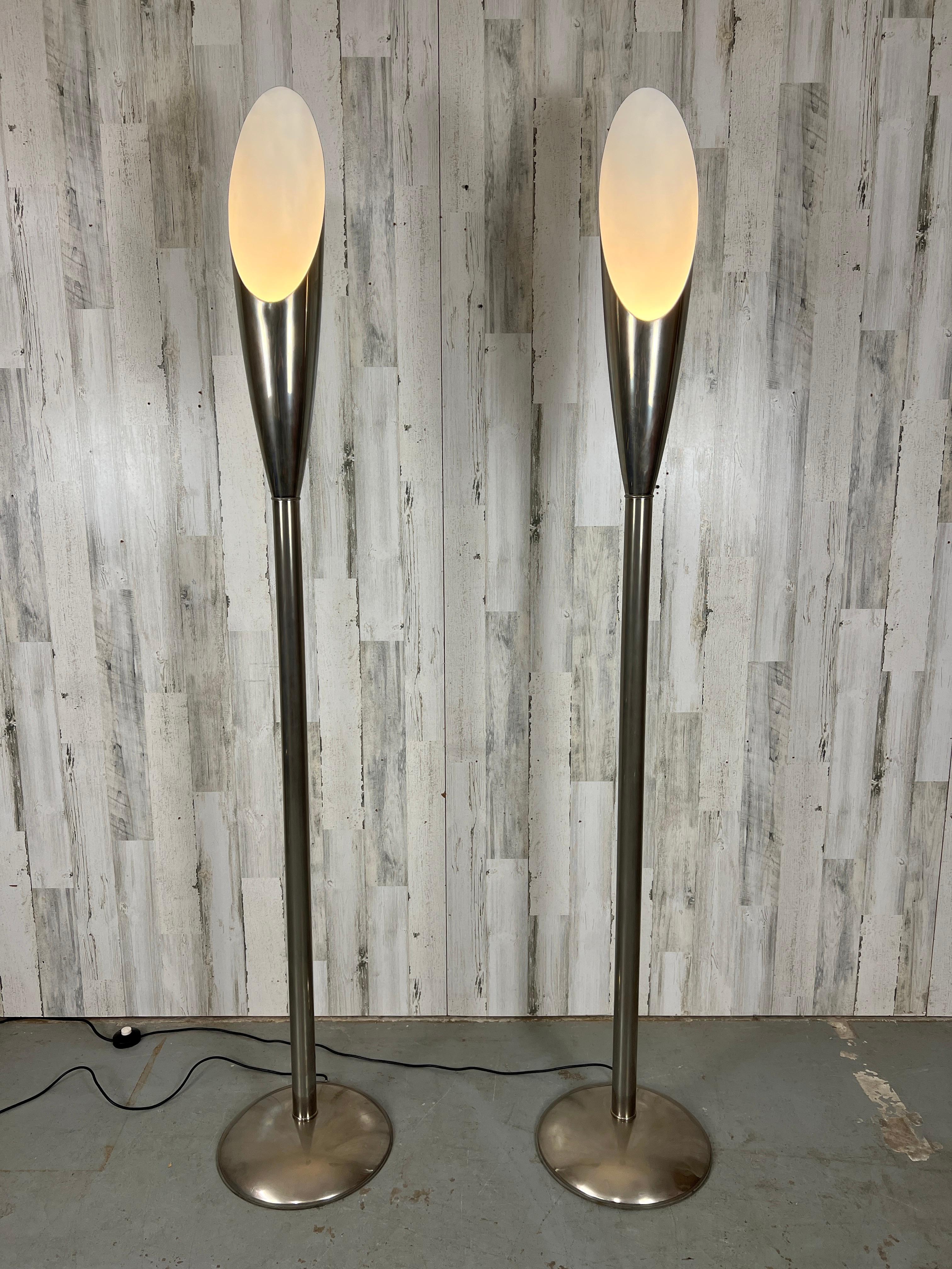 Pair of tall modernist aluminum torchère floor lamps.