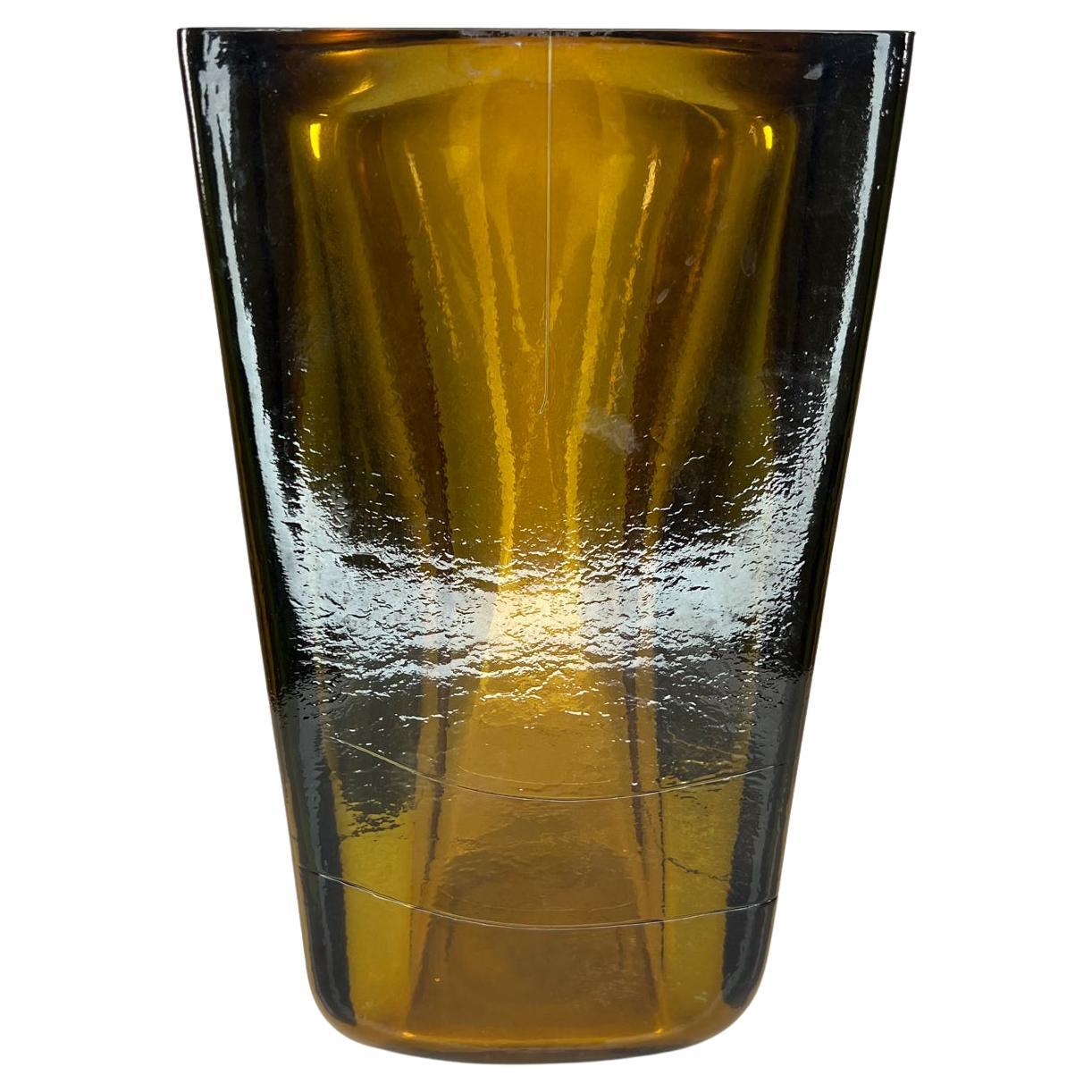 Modernist Amber Art Glass Vase Style of Blenko Handblown Thick Panel