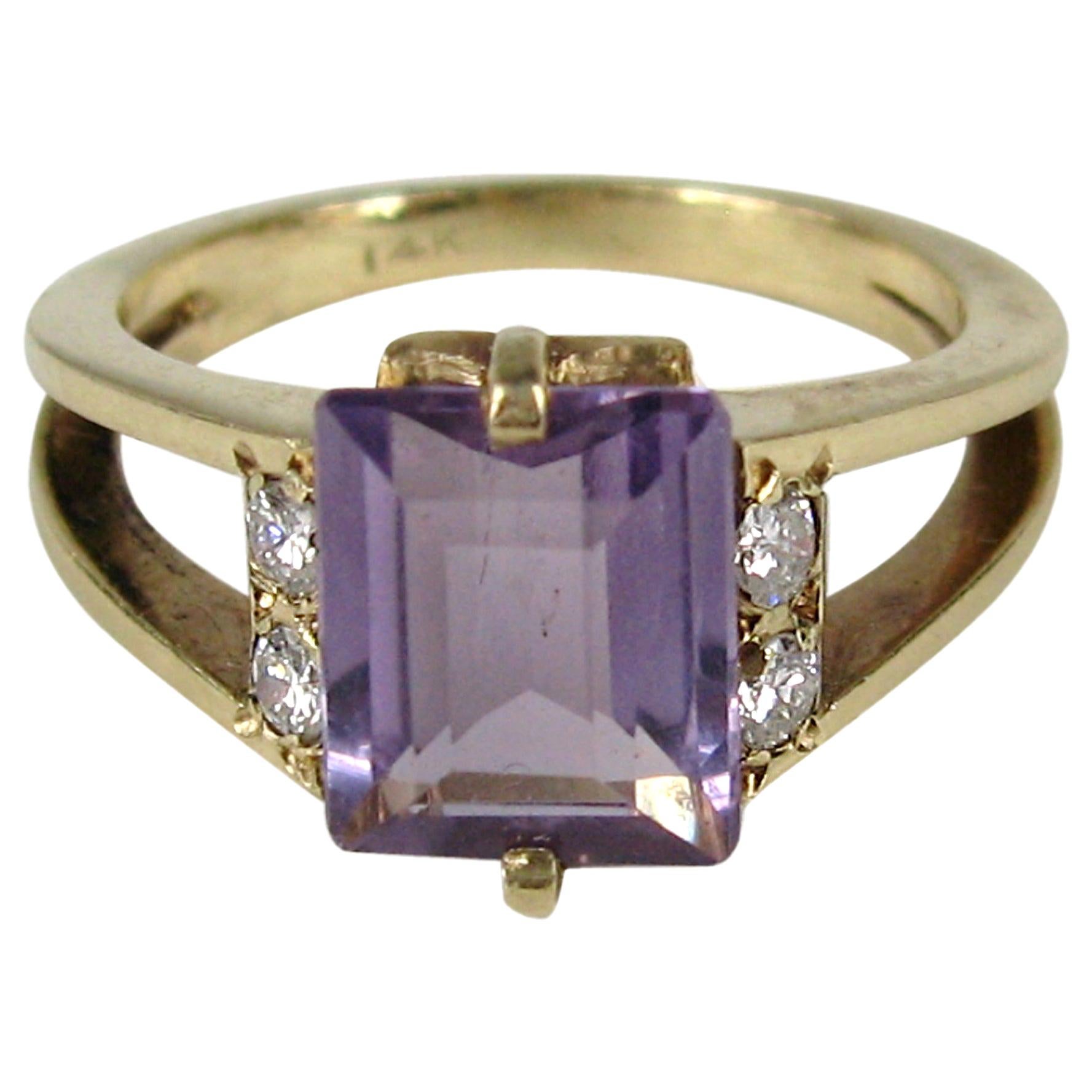 Modernist Amethyst Diamond Ring 14 Karat