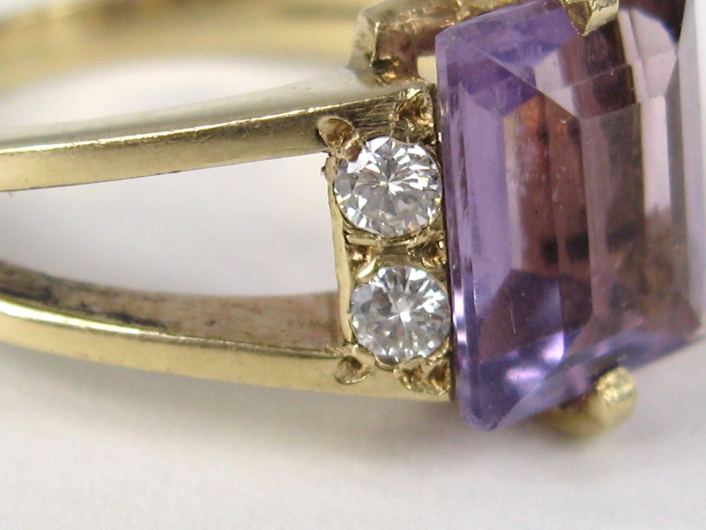 Emerald Cut Modernist Amethyst Diamond Ring 14 Karat For Sale