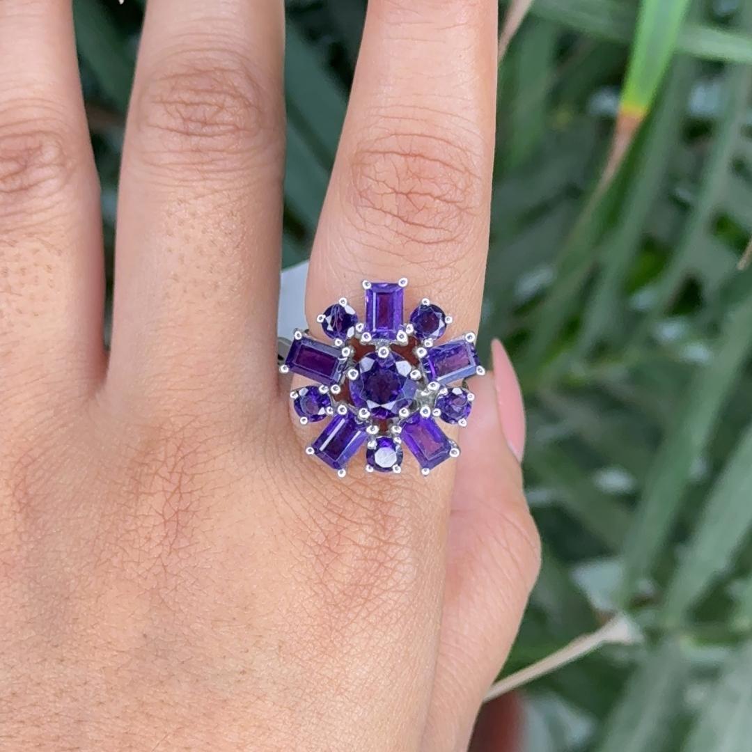 For Sale:  Modernist Amethyst Floral Cluster Cocktail Ring for Mom in 925 Sterling Silver 2