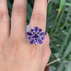 Modernist Amethyst Floral Cluster Cocktail Ring in 925 Silver Jewelry for Women