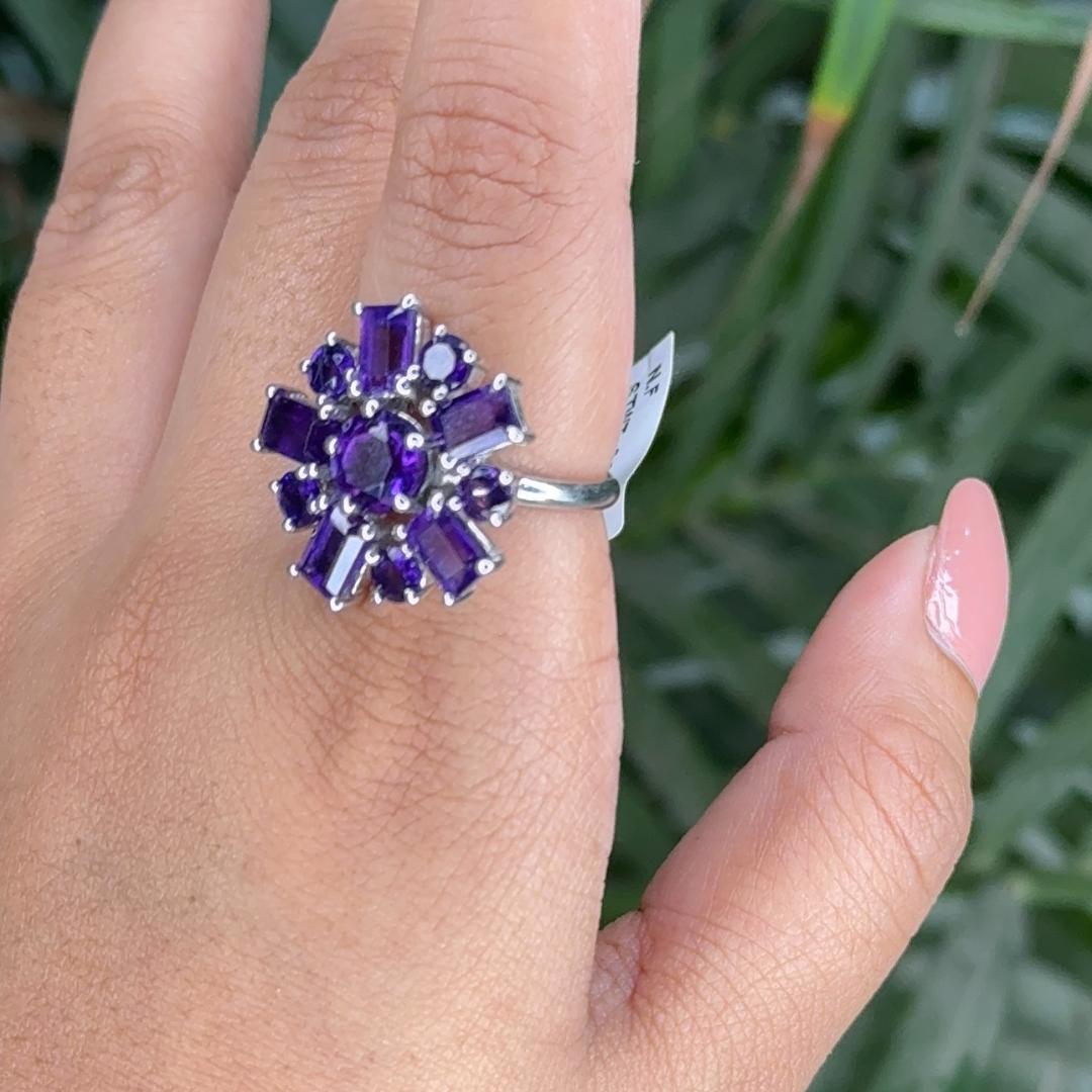 For Sale:  Modernist Amethyst Floral Cluster Cocktail Ring for Mom in 925 Sterling Silver 4