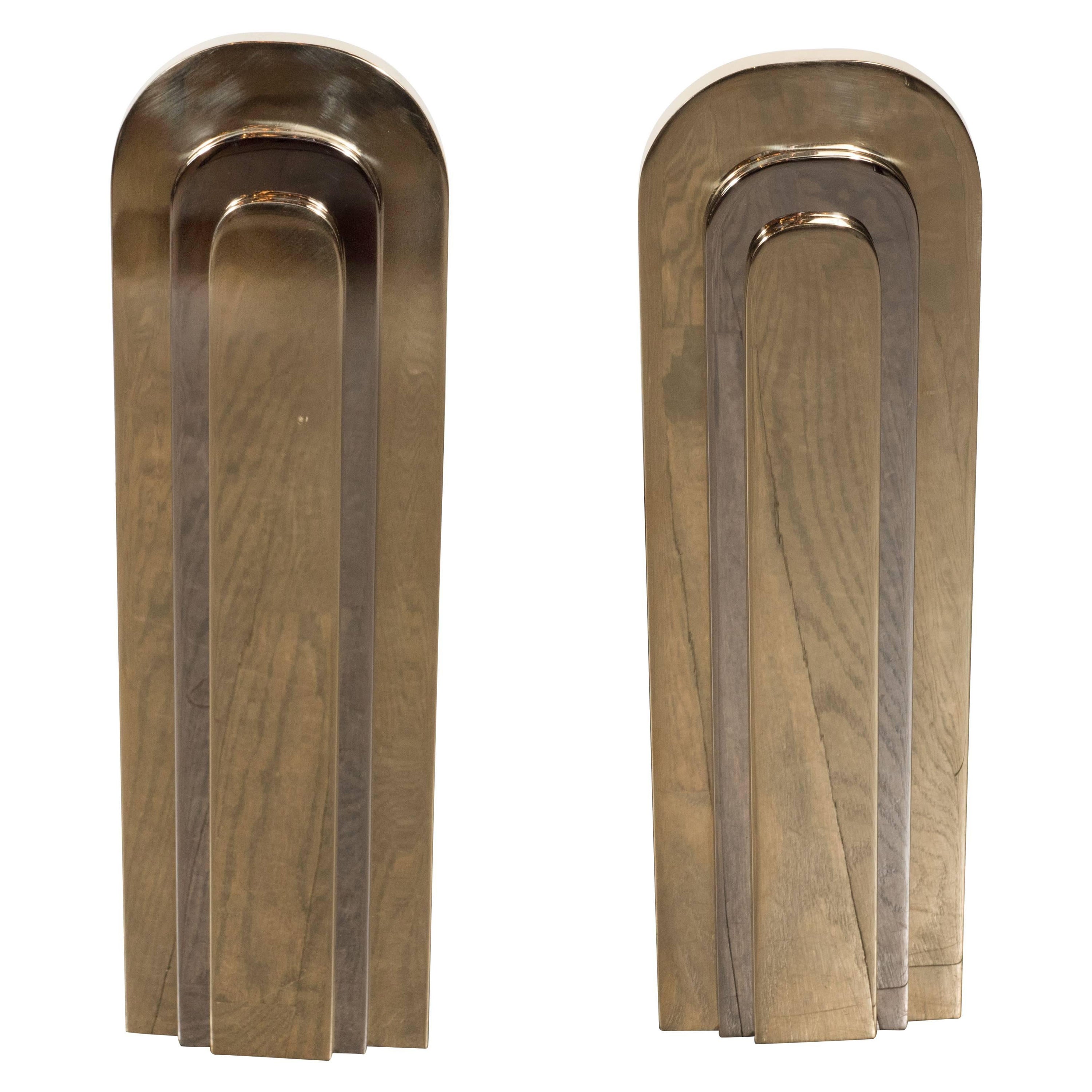 Modernist Andirons in Polished Brass and Nickel, Manner of Karl Springer