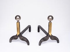 Modernist Andirons - Wrought Iron, Brass & Chrome - Art Deco Andirons - 1940s