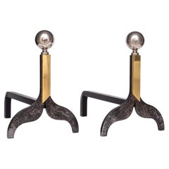 Modernist Andirons - Wrought Iron, Brass & Chrome - Art Deco Andirons - 1940s