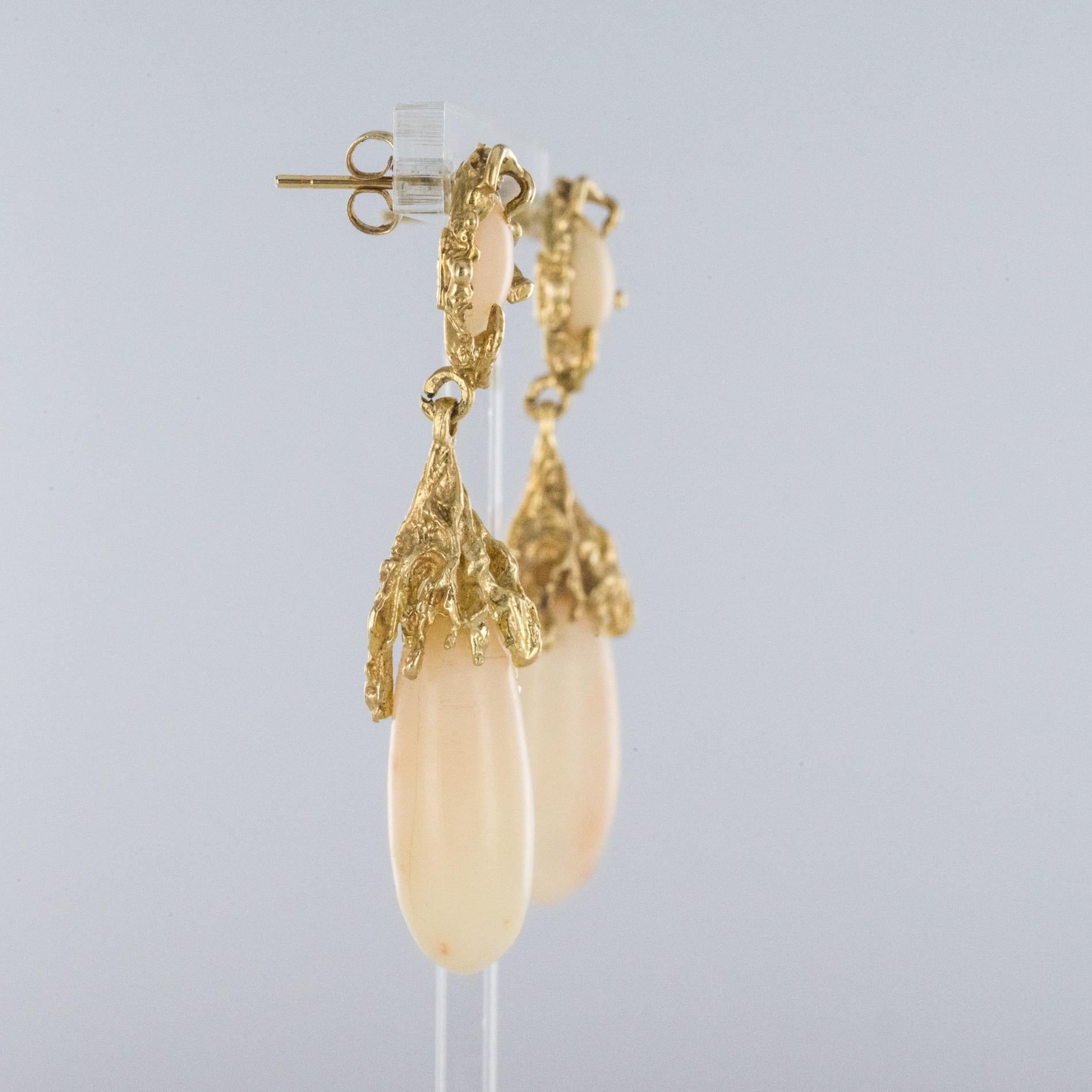 Modernist Angel Skin Coral Yellow Gold Dangle Earrings 1