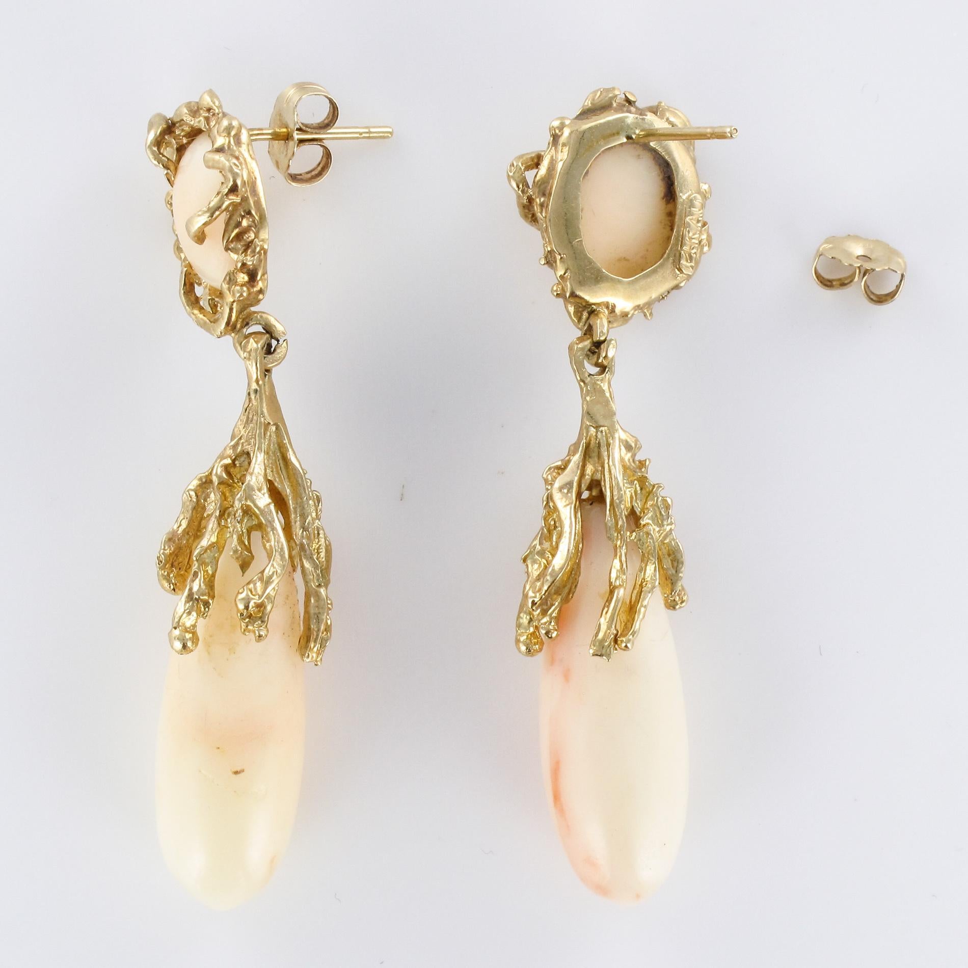 Modernist Angel Skin Coral Yellow Gold Dangle Earrings 4