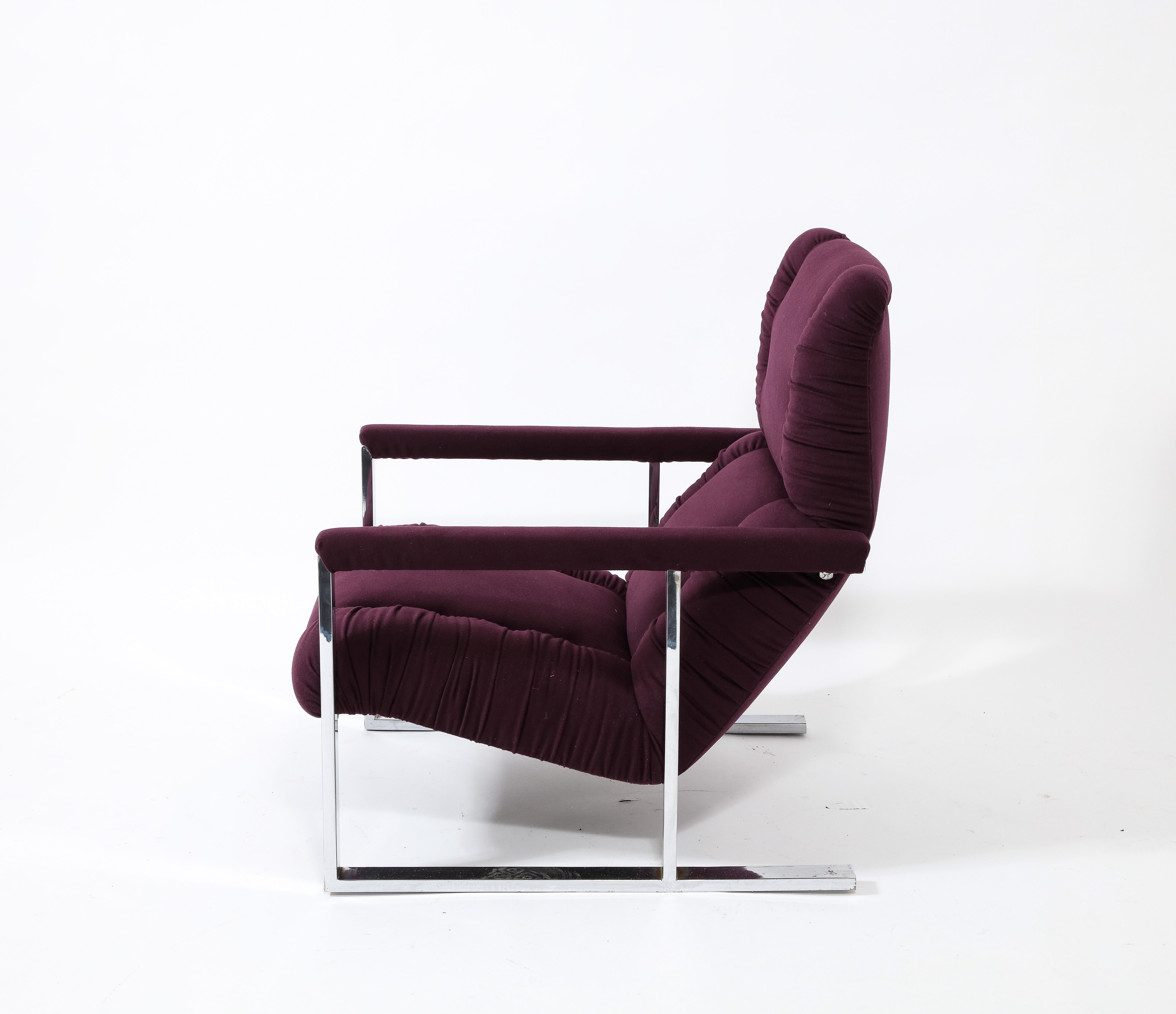 Modernist Angular Chrome Lounge Chair & Ottoman in Aubergine Wool, USA 1970's For Sale 5