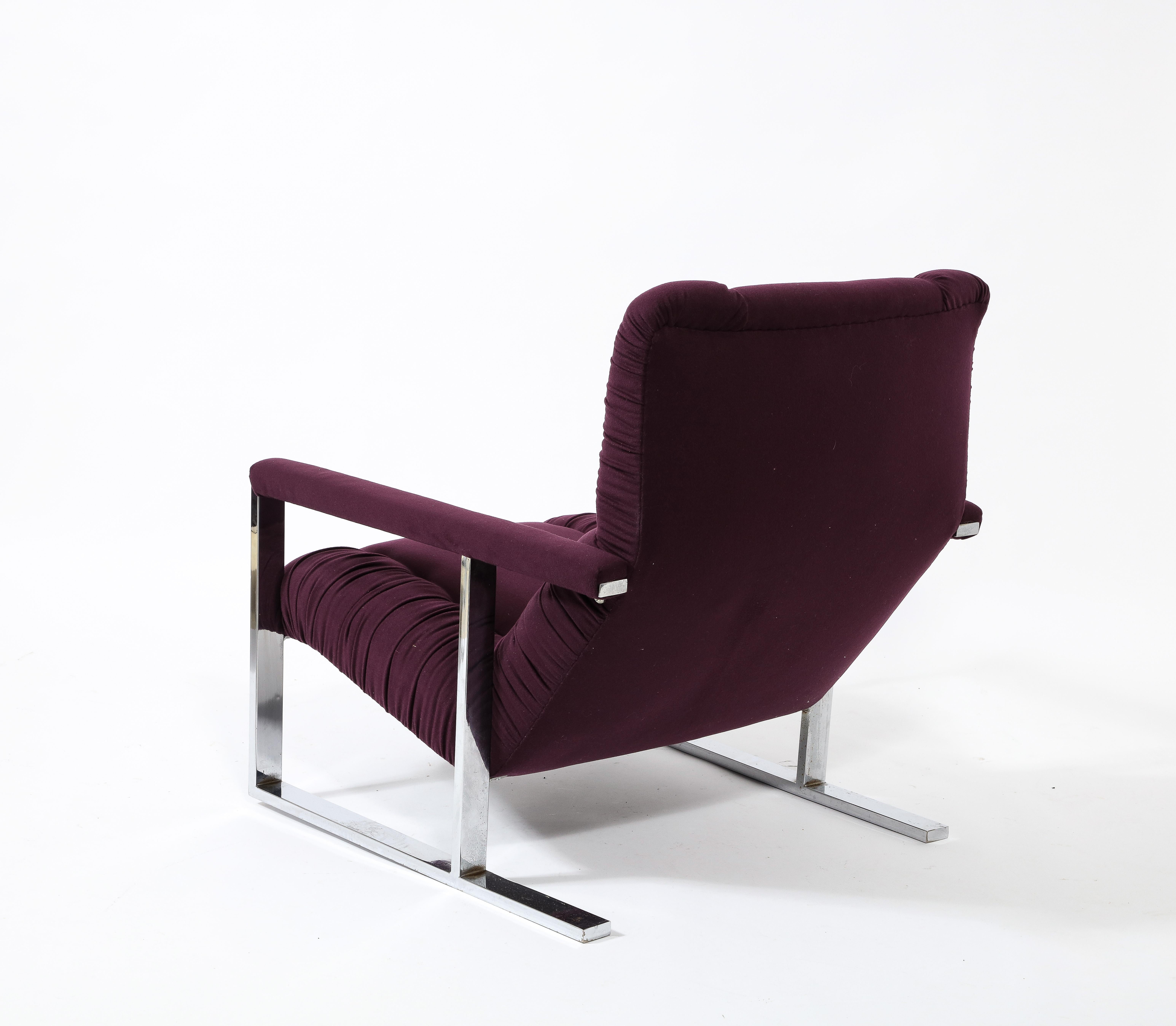 Modernist Angular Chrome Lounge Chair & Ottoman in Aubergine Wool, USA 1970's For Sale 6