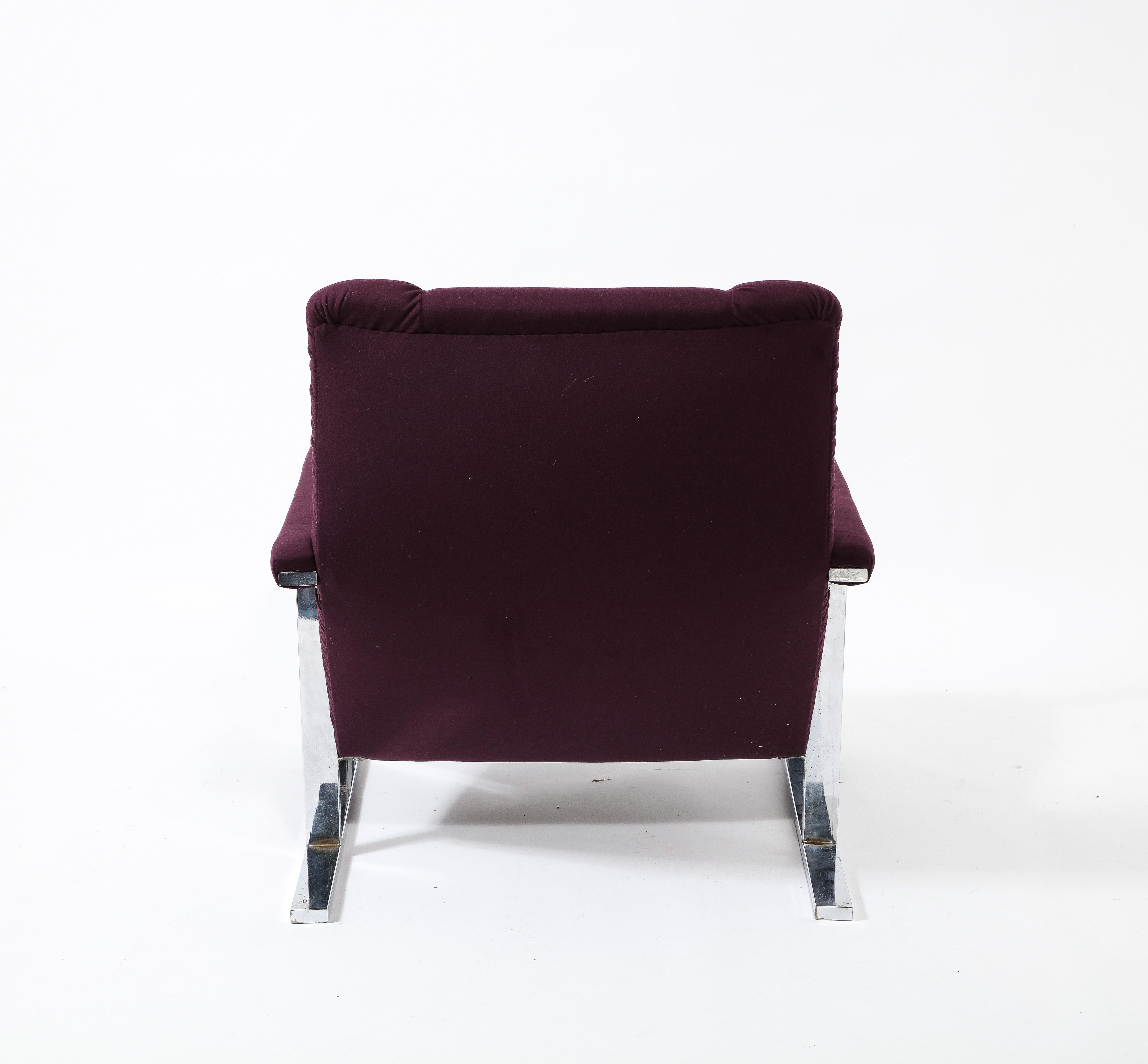 Modernist Angular Chrome Lounge Chair & Ottoman in Aubergine Wool, USA 1970's For Sale 7