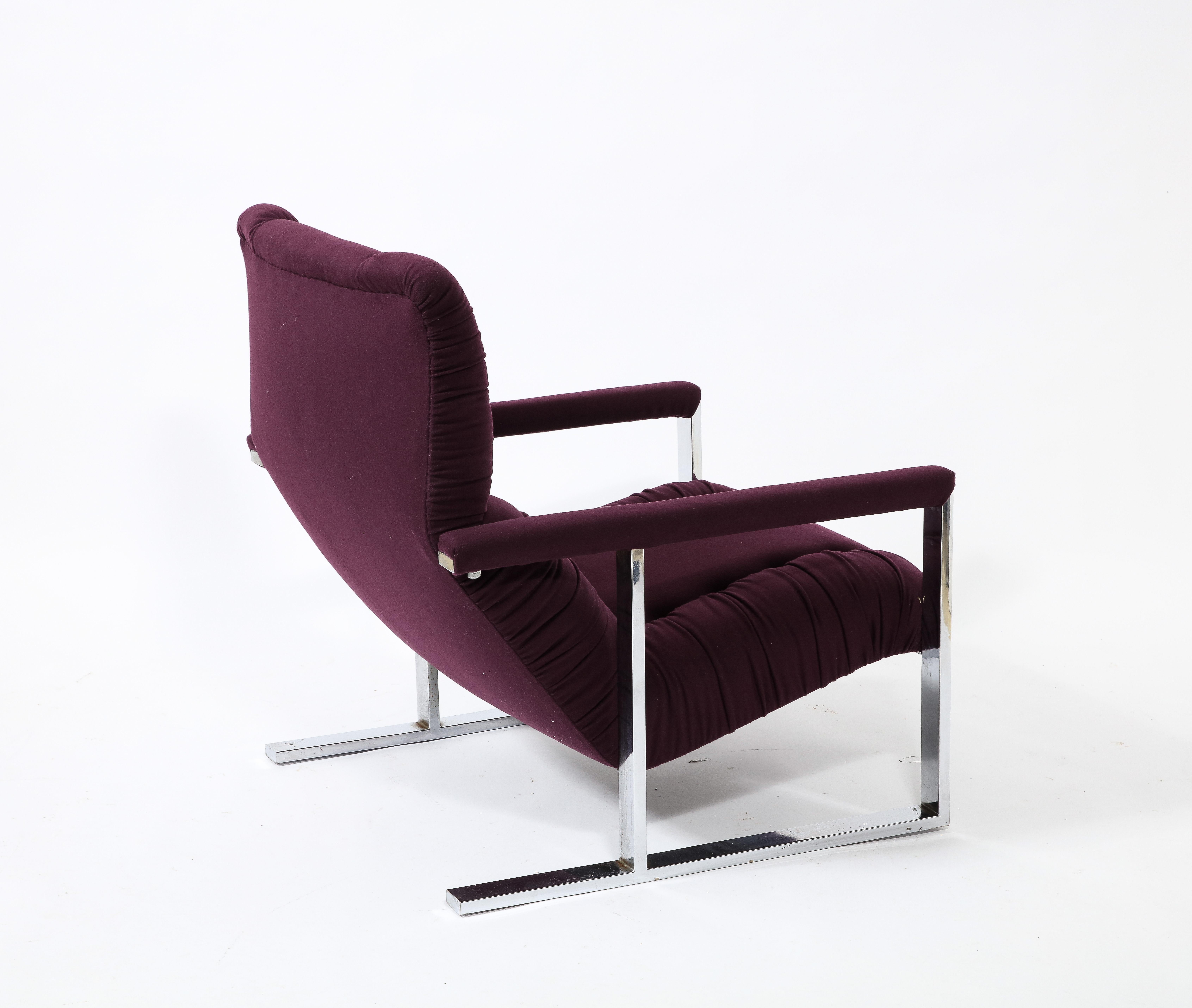 Modernist Angular Chrome Lounge Chair & Ottoman in Aubergine Wool, USA 1970's For Sale 8
