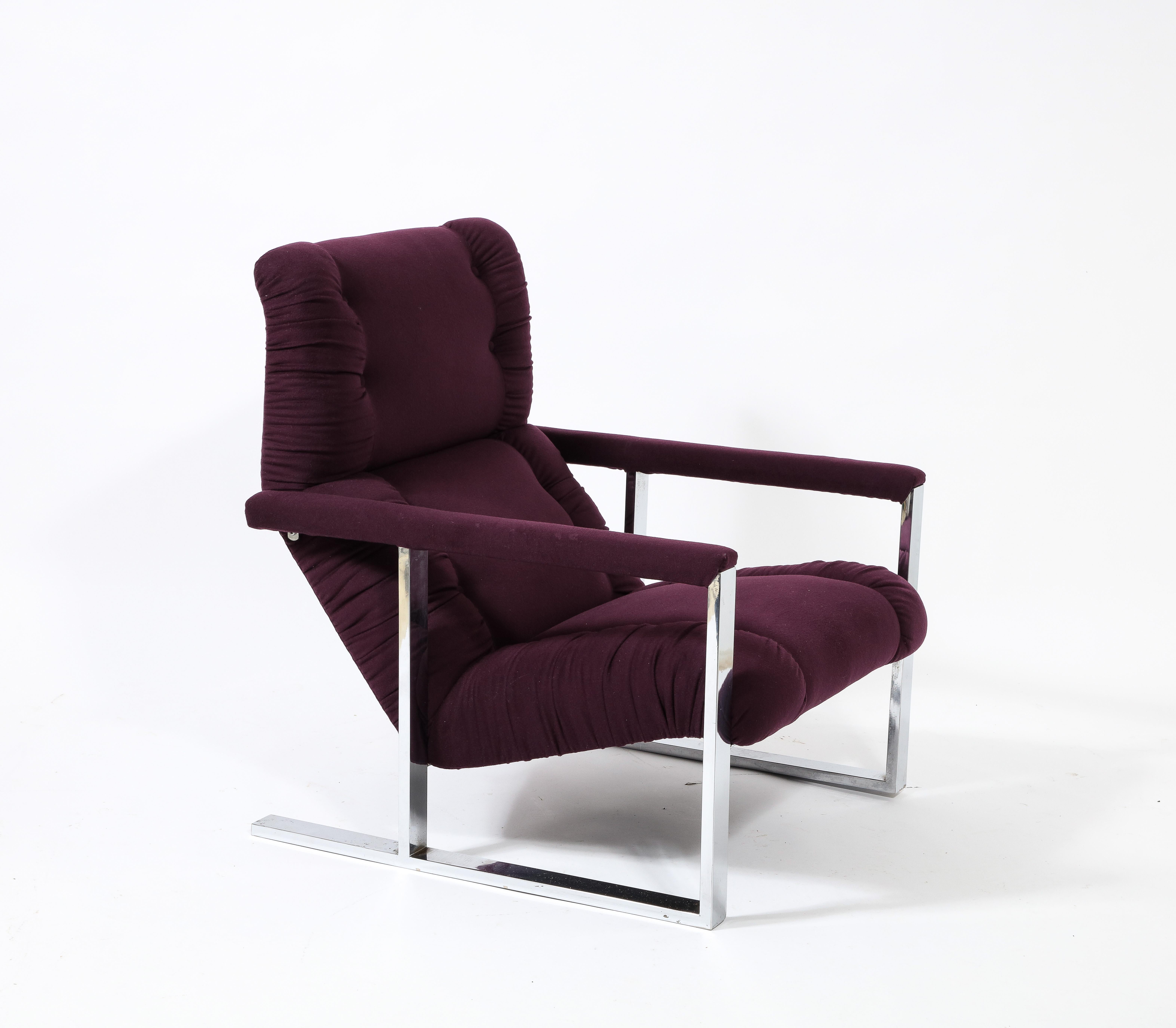 Modernist Angular Chrome Lounge Chair & Ottoman in Aubergine Wool, USA 1970's For Sale 9