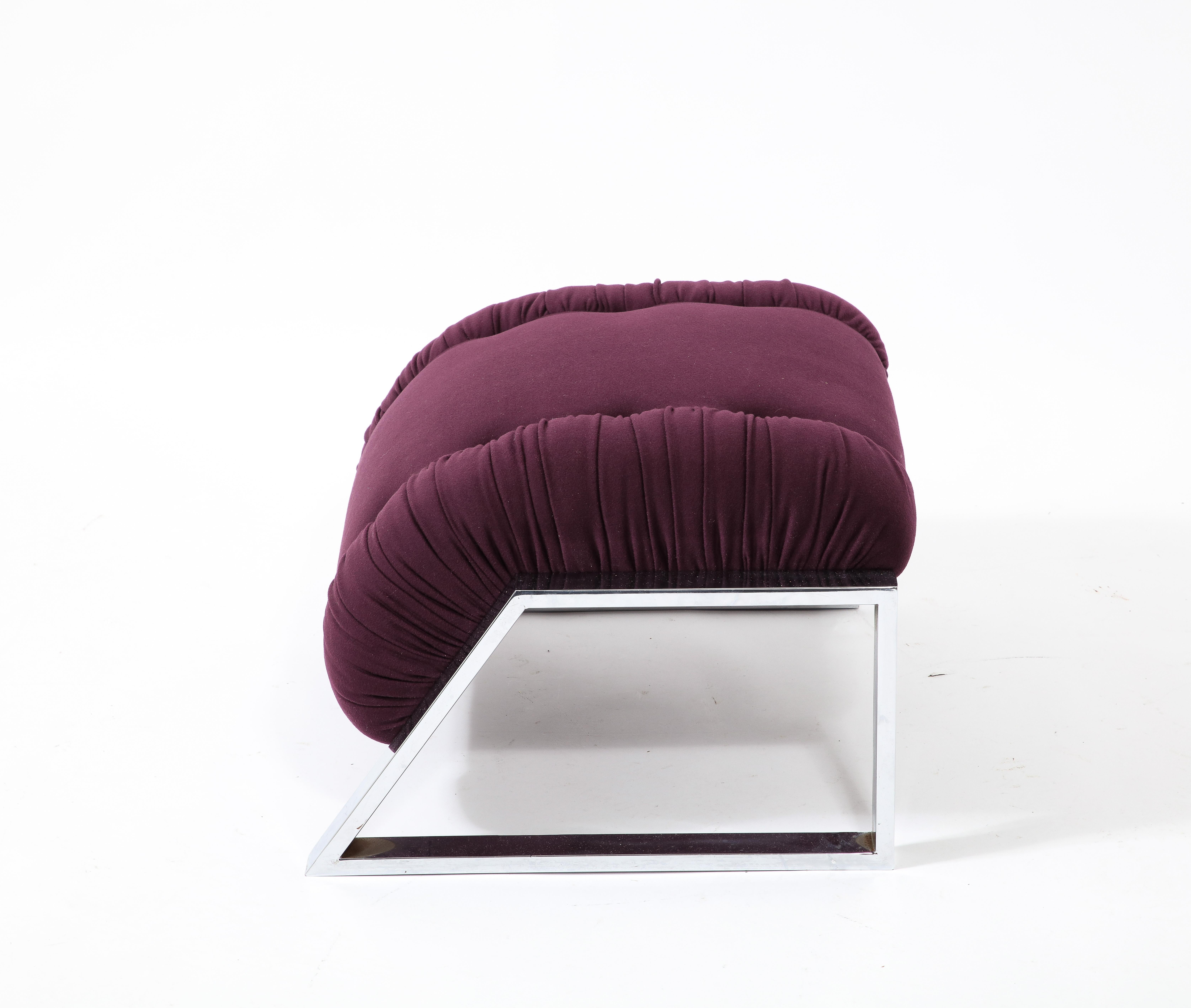 Modernist Angular Chrome Lounge Chair & Ottoman in Aubergine Wool, USA 1970's For Sale 10