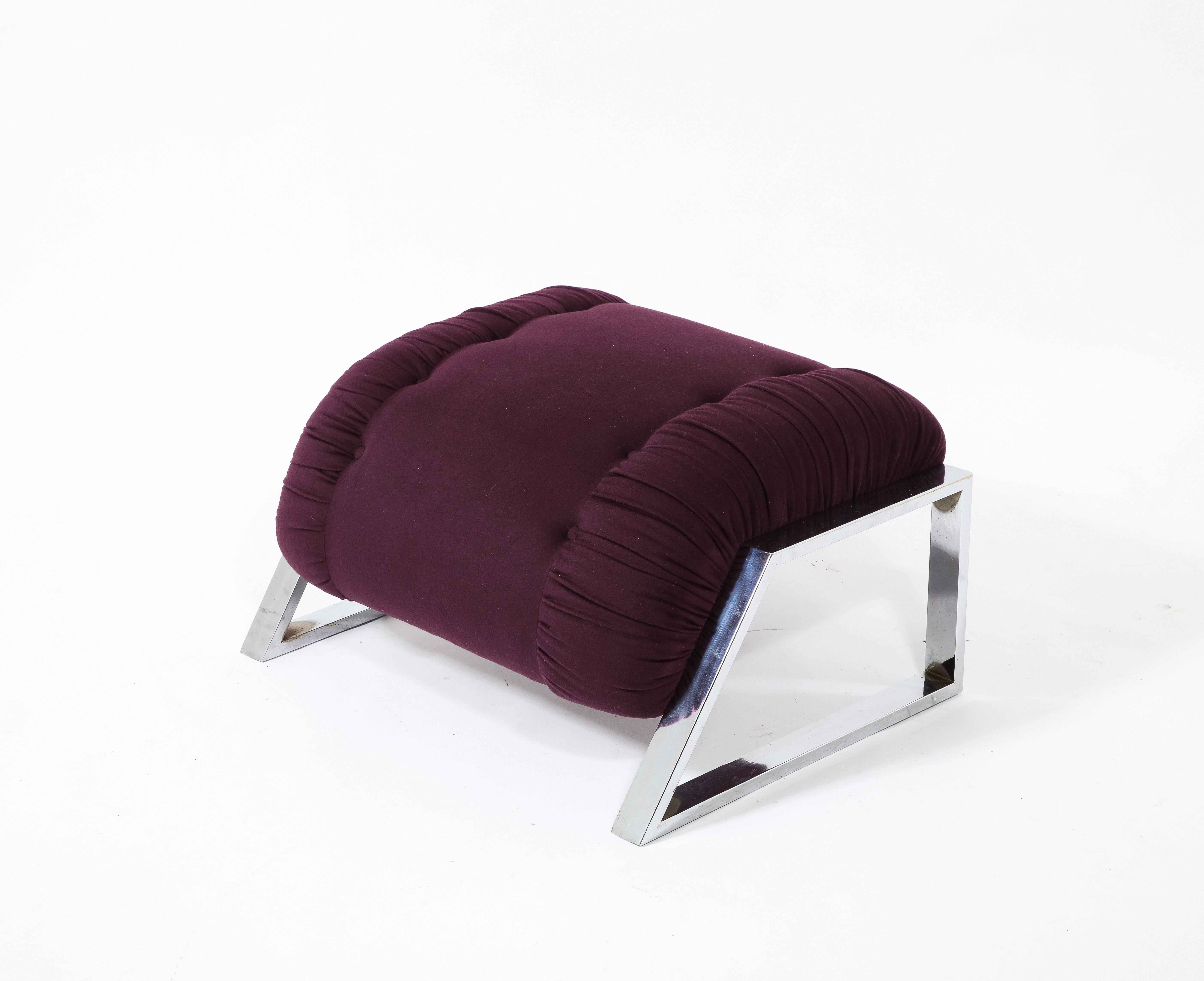 Modernist Angular Chrome Lounge Chair & Ottoman in Aubergine Wool, USA 1970's For Sale 11