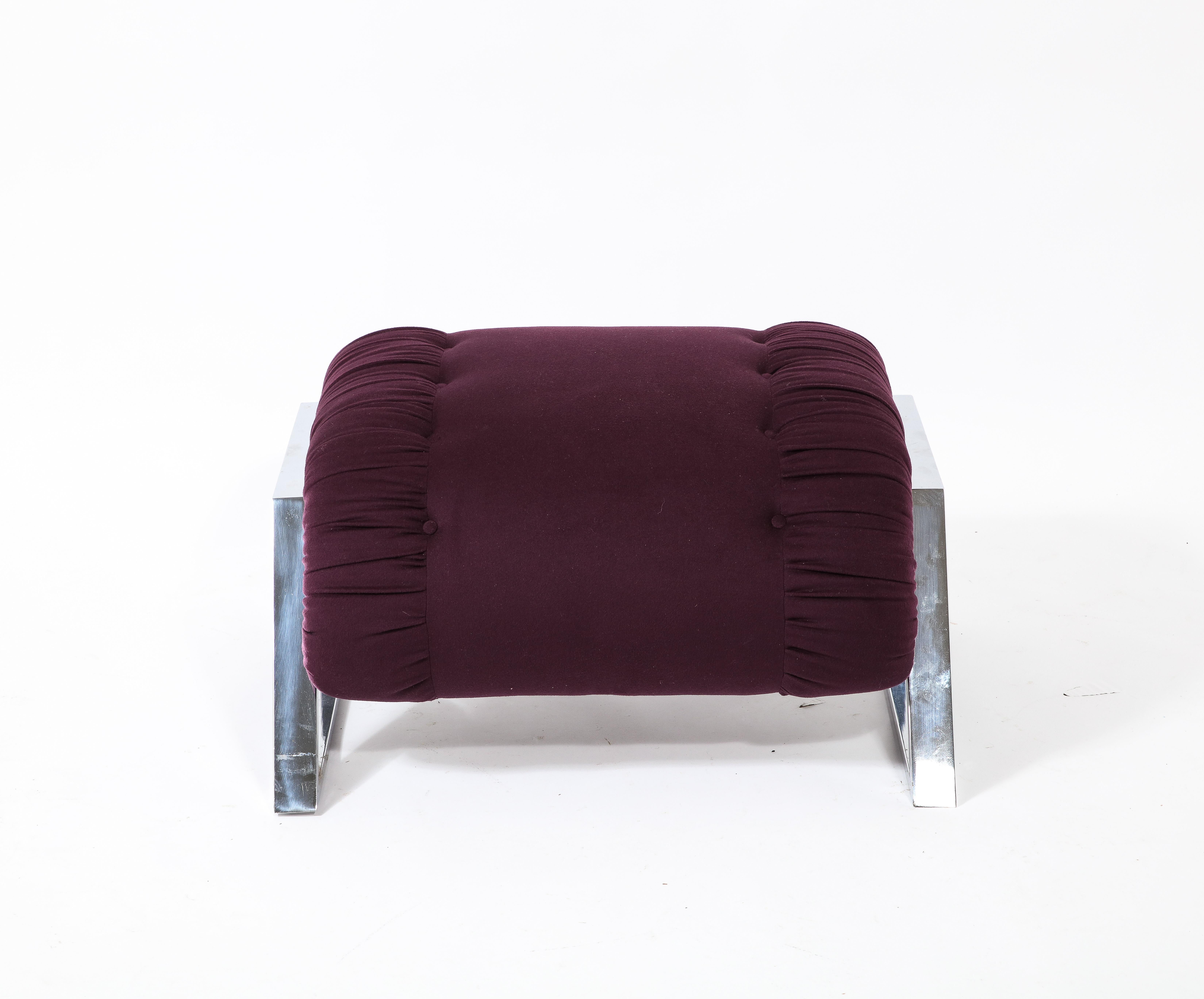 Modernist Angular Chrome Lounge Chair & Ottoman in Aubergine Wool, USA 1970's For Sale 12