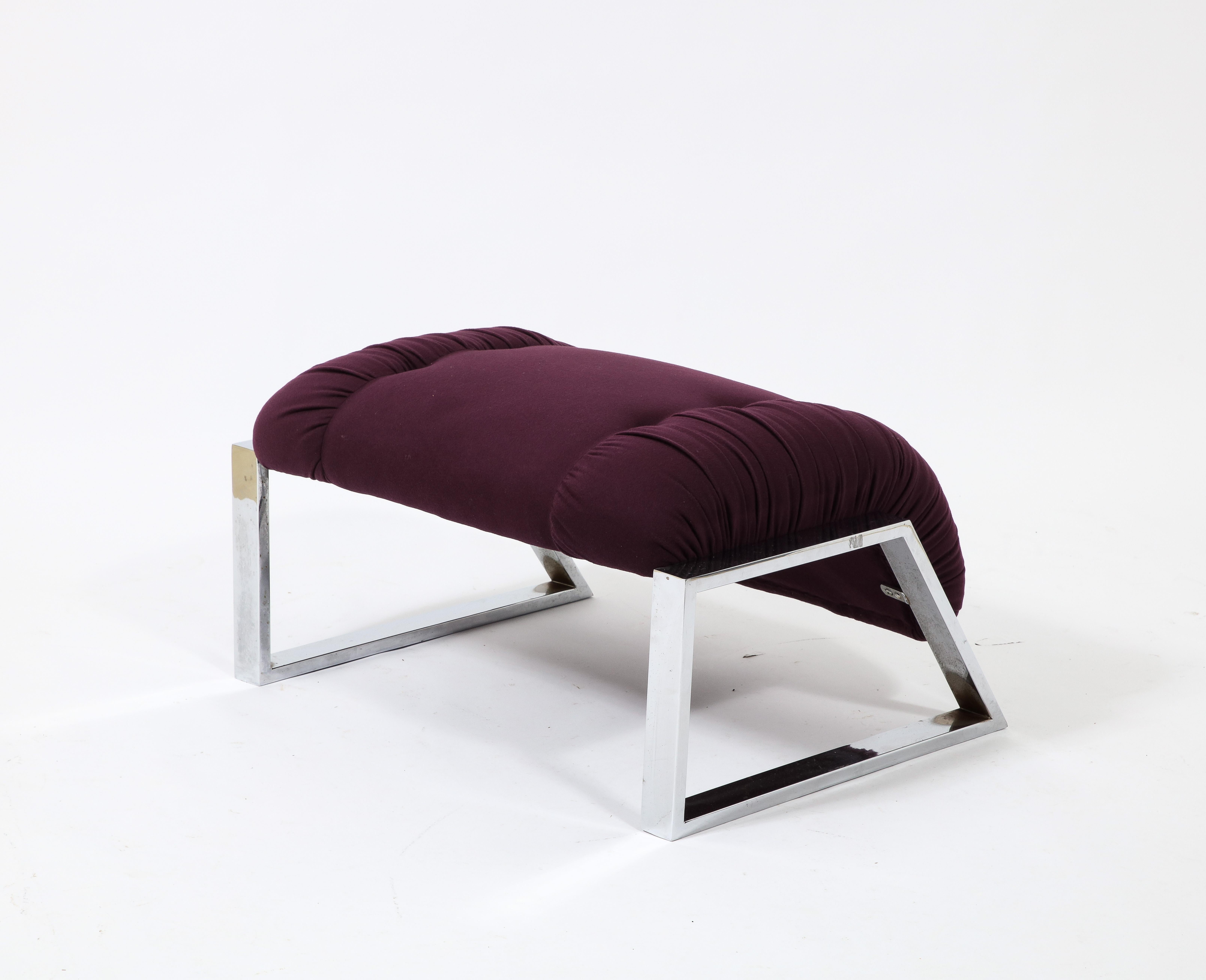 Modernist Angular Chrome Lounge Chair & Ottoman in Aubergine Wool, USA 1970's For Sale 13