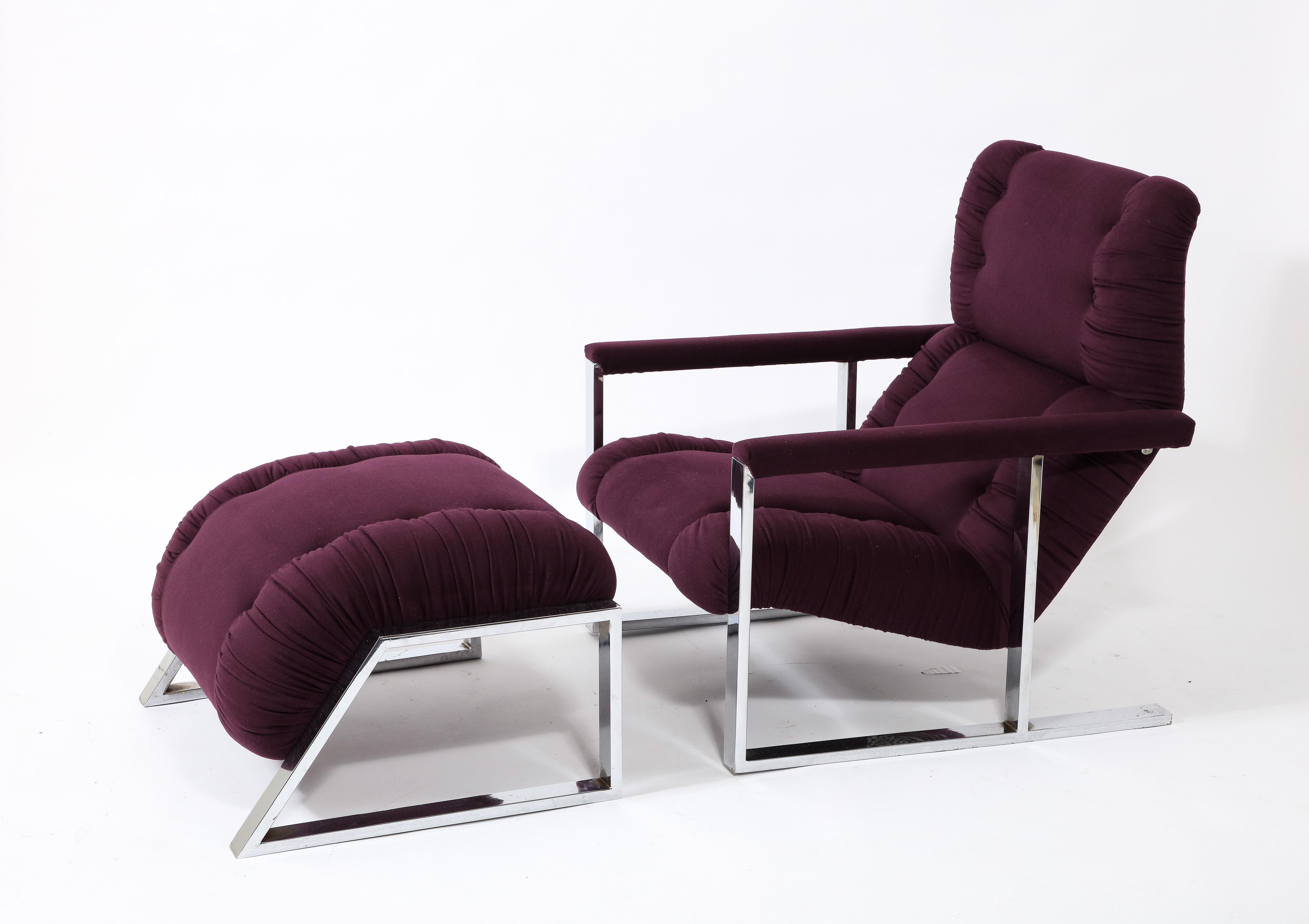 American Modernist Angular Chrome Lounge Chair & Ottoman in Aubergine Wool, USA 1970's For Sale