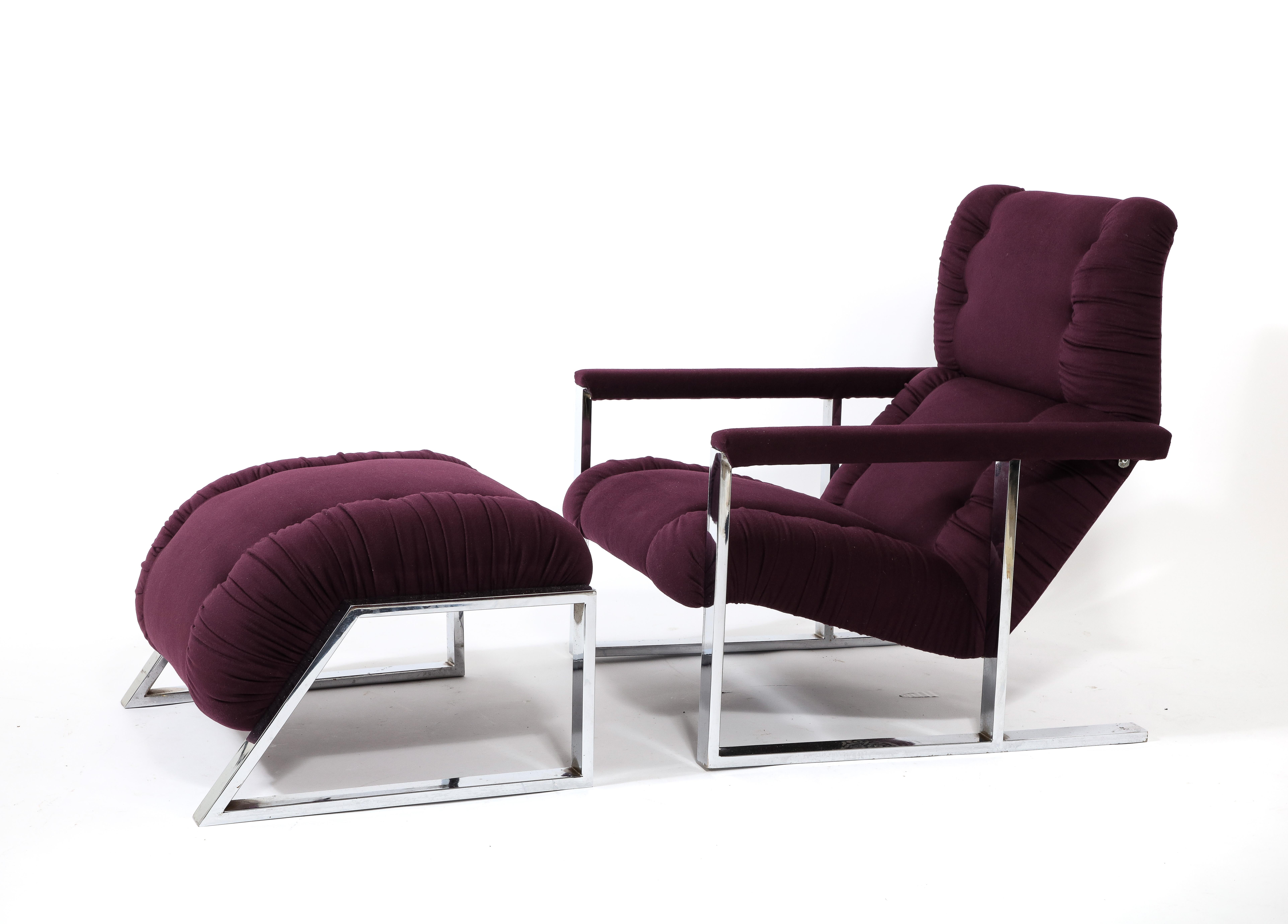 Modernist Angular Chrome Lounge Chair & Ottoman in Aubergine Wool, USA 1970's In Good Condition For Sale In New York, NY