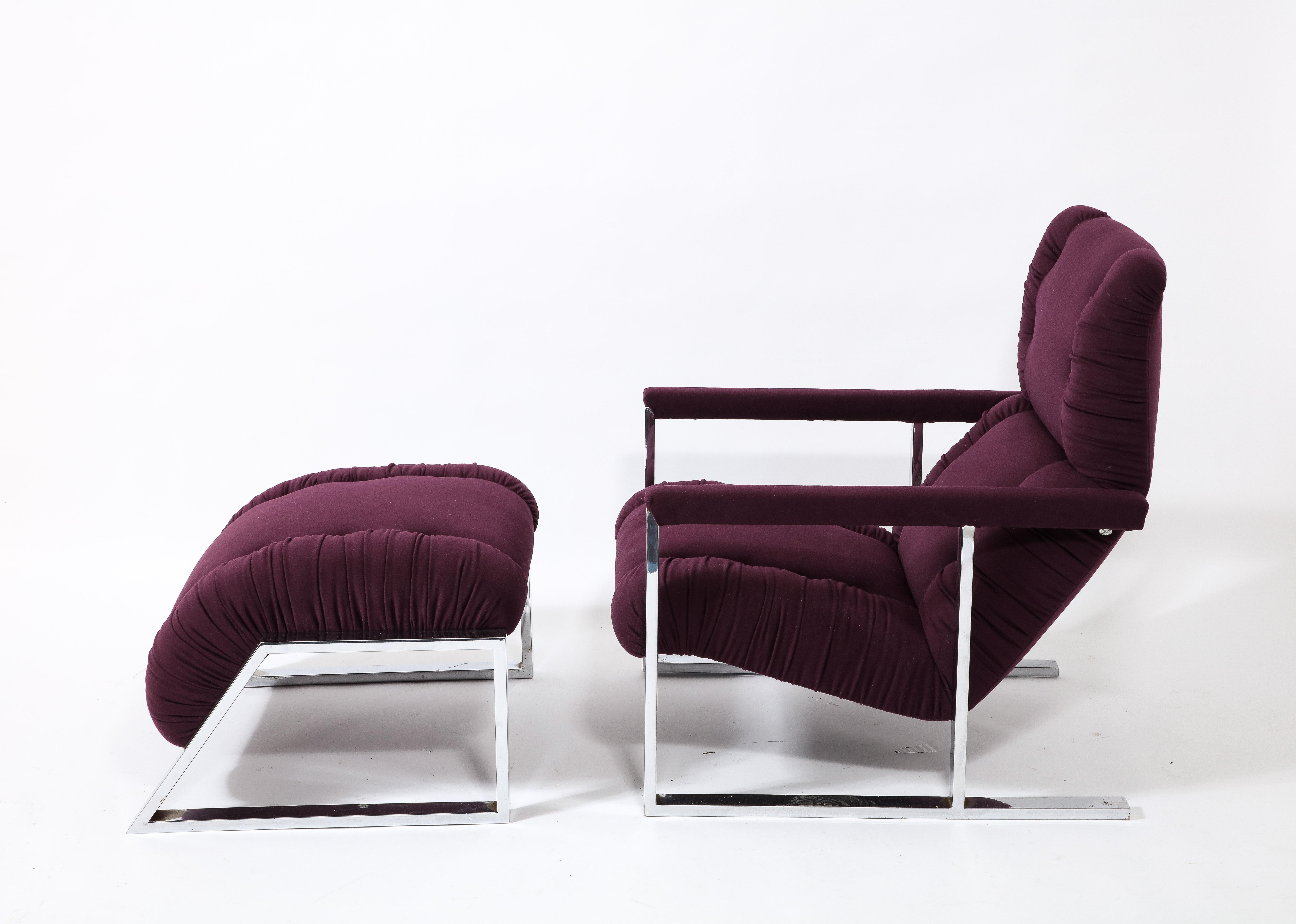 Late 20th Century Modernist Angular Chrome Lounge Chair & Ottoman in Aubergine Wool, USA 1970's For Sale