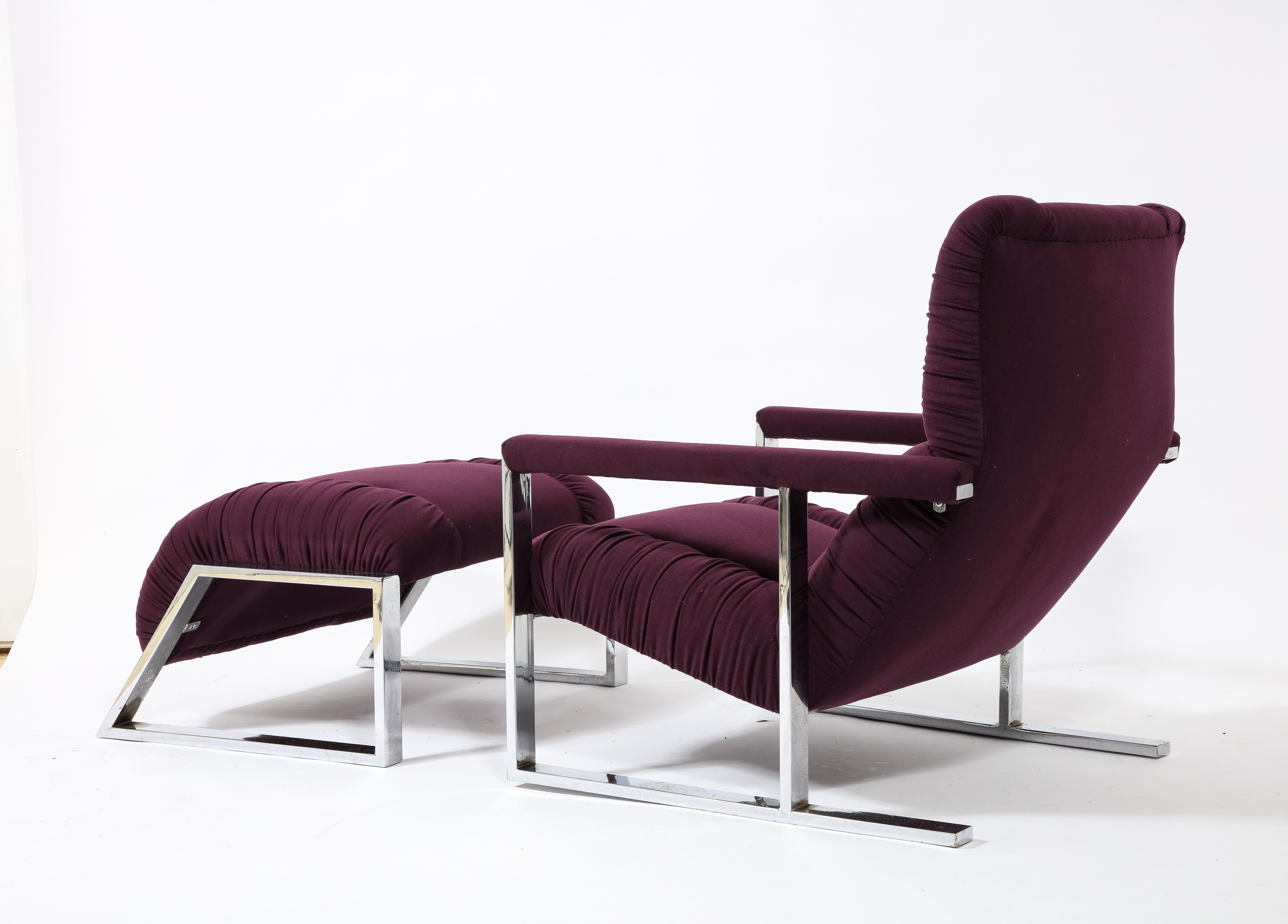 Modernist Angular Chrome Lounge Chair & Ottoman in Aubergine Wool, USA 1970's For Sale 1