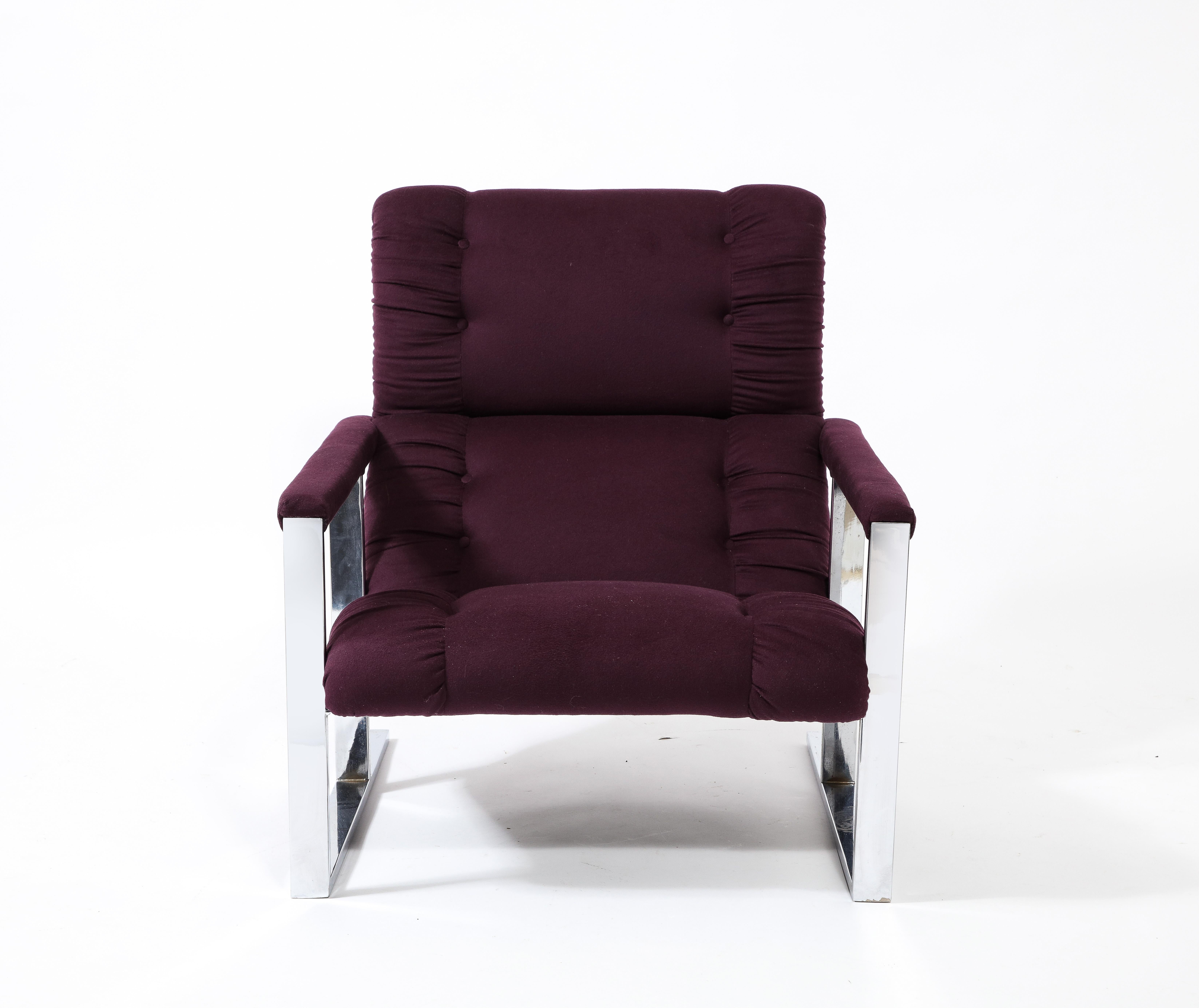 Modernist Angular Chrome Lounge Chair & Ottoman in Aubergine Wool, USA 1970's For Sale 2