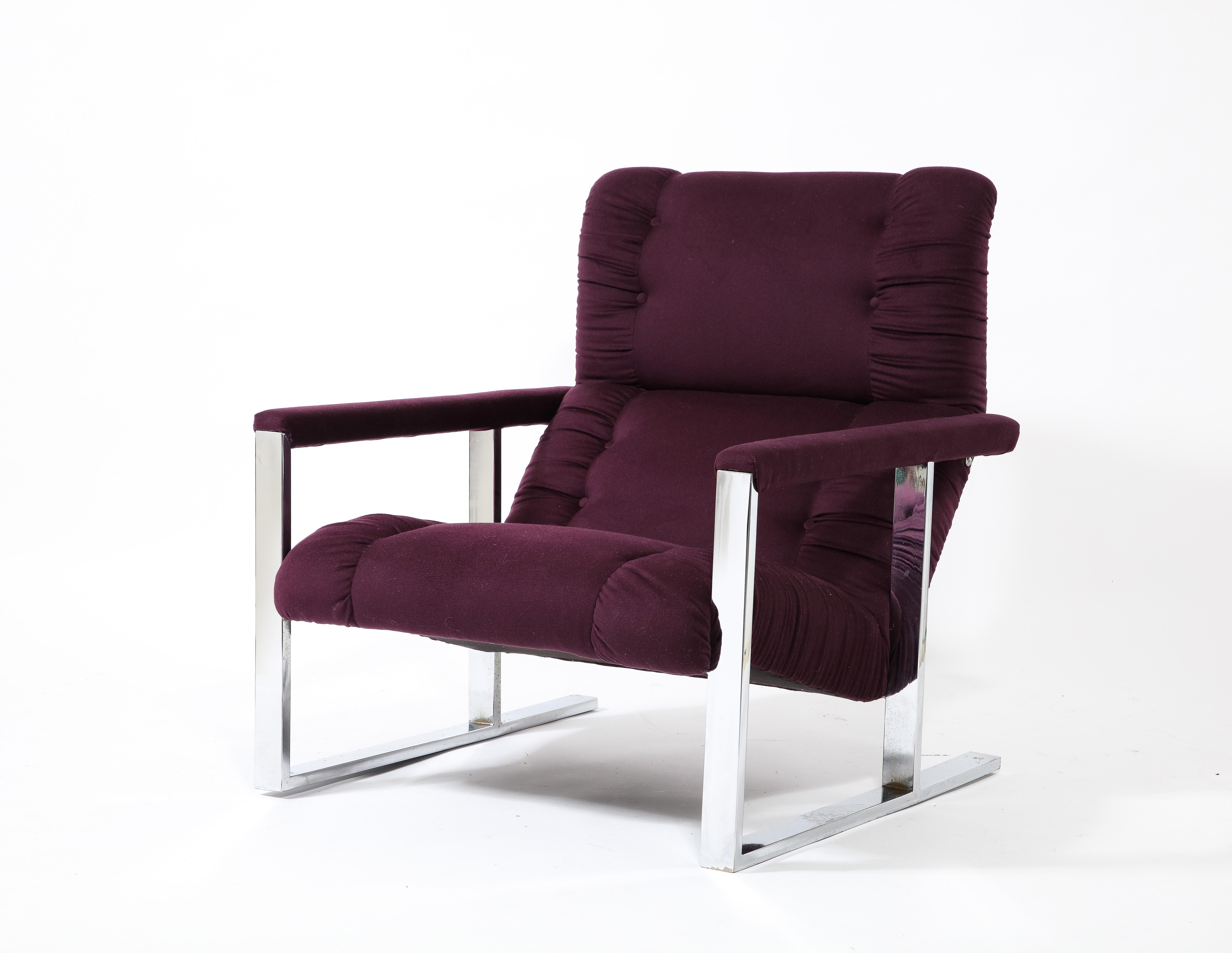 Modernist Angular Chrome Lounge Chair & Ottoman in Aubergine Wool, USA 1970's For Sale 3
