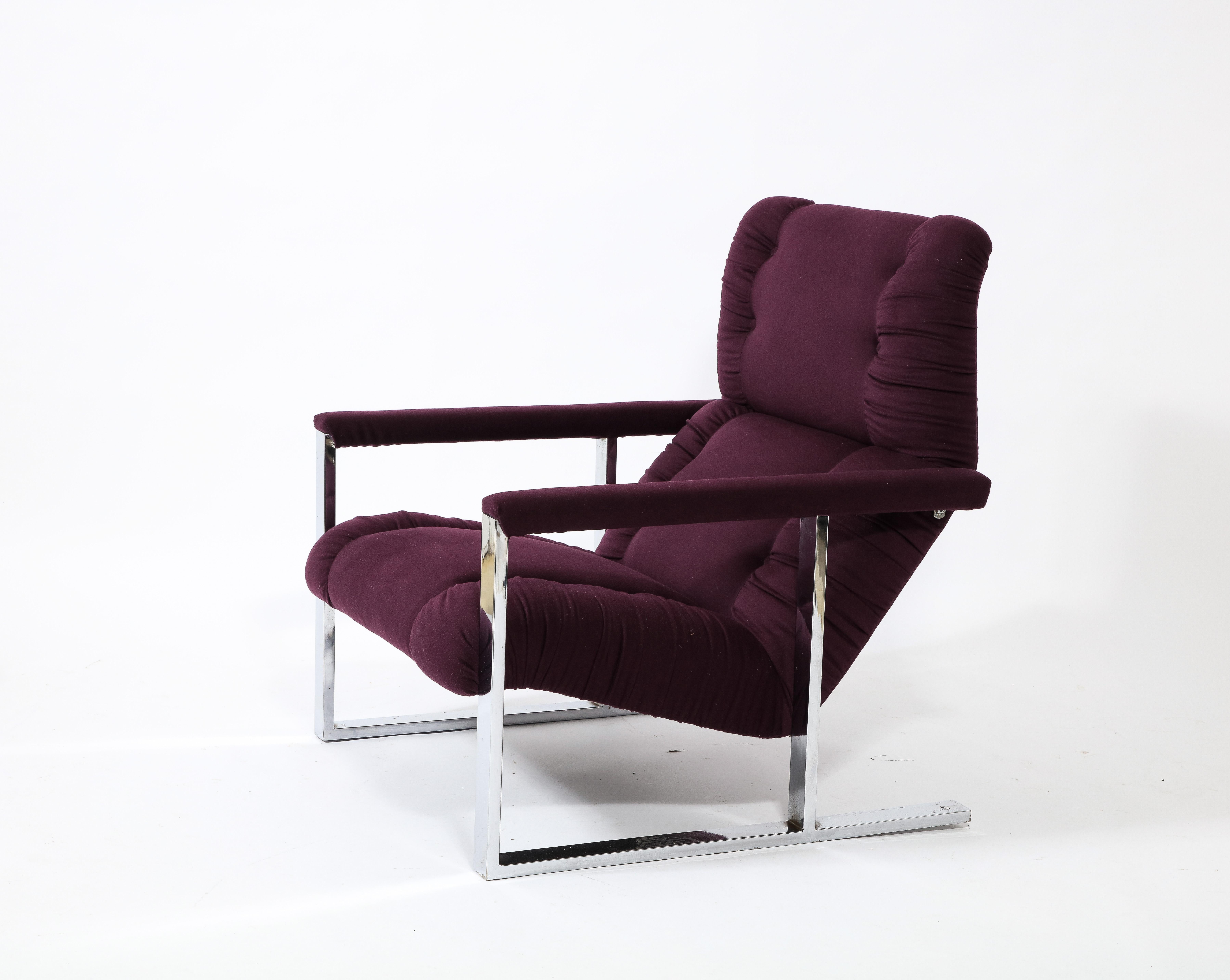 Modernist Angular Chrome Lounge Chair & Ottoman in Aubergine Wool, USA 1970's For Sale 4