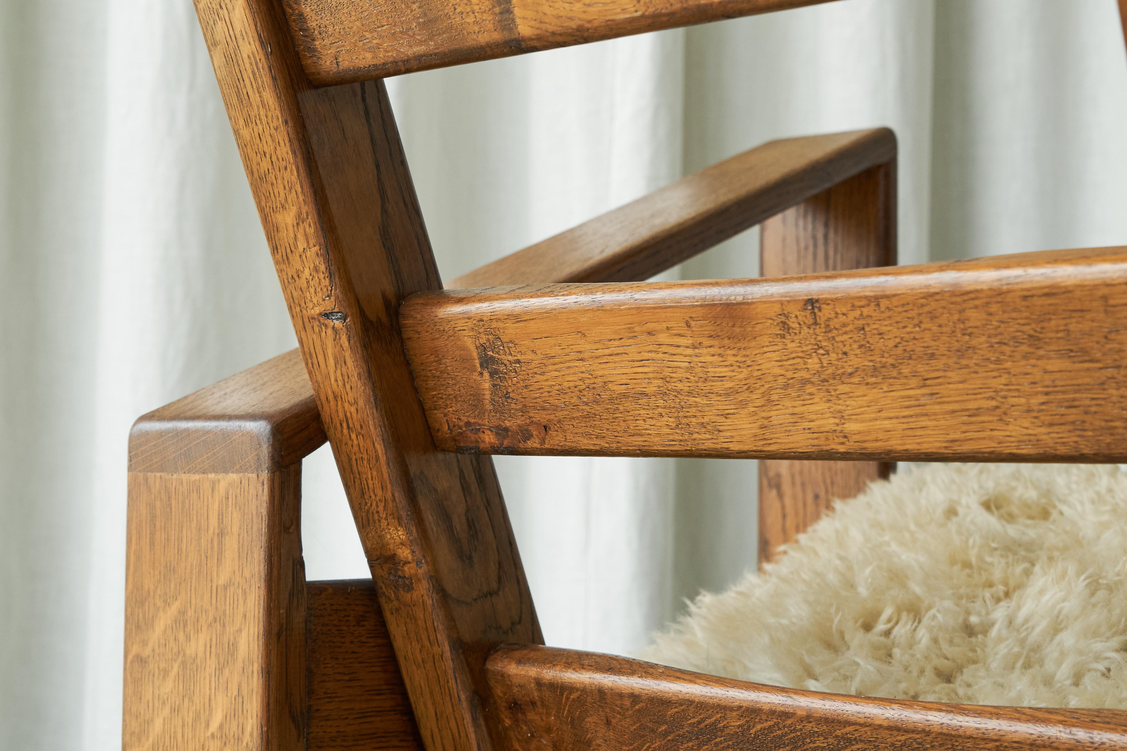 Hand-Crafted Modernist Anthroposophical Armchair in Solid Oak and Sheepskin 1980