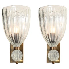 Modernist Antique Brass Handblown Iridescent Murano Glass Orbital Drop Sconces