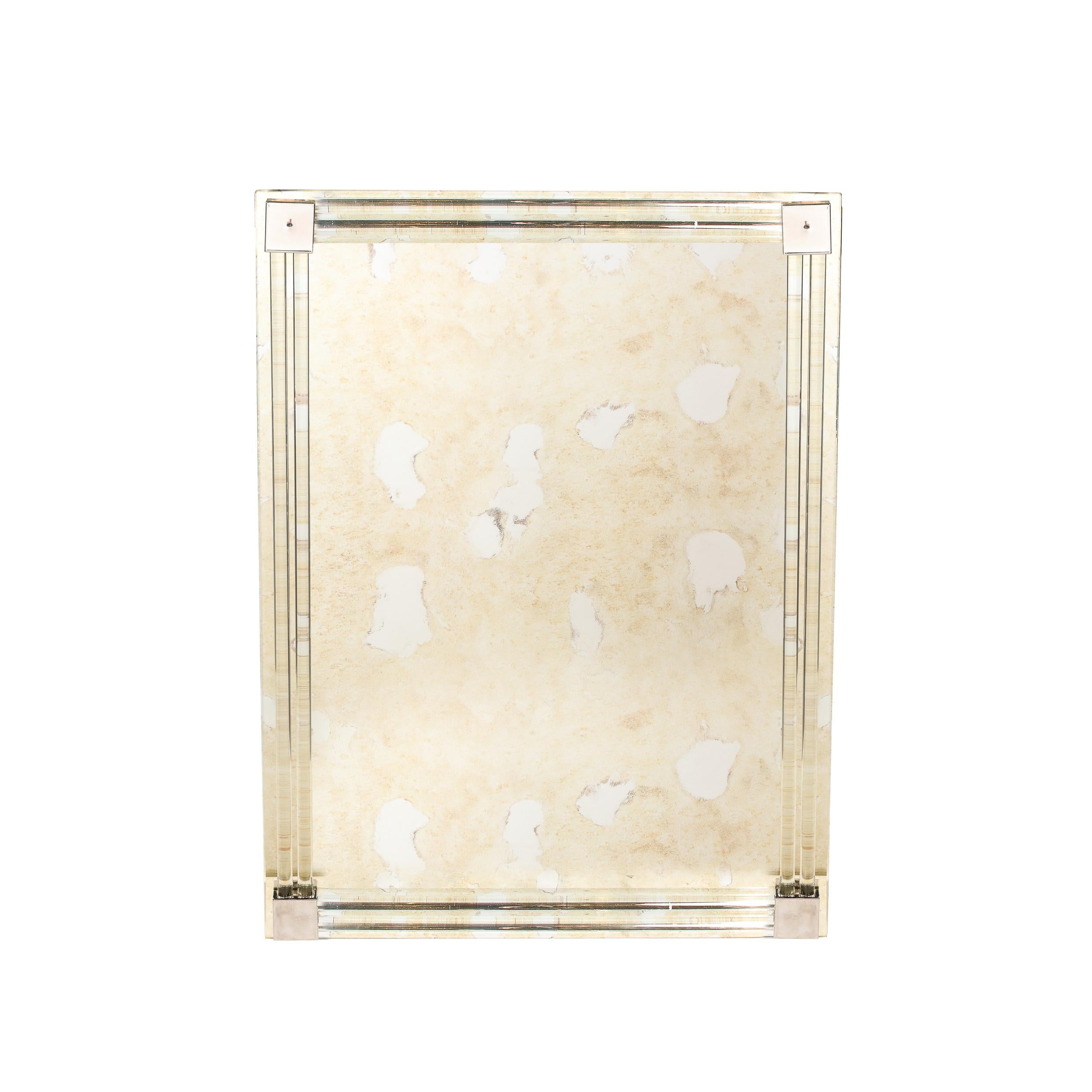 This lovely yet powerful Custom Modernist Mirror originates from the United States during the 21st Century by High Style Deco. Featuring corners capped in rectangular nickel elements joining together the stunning glass rods circumscribing the