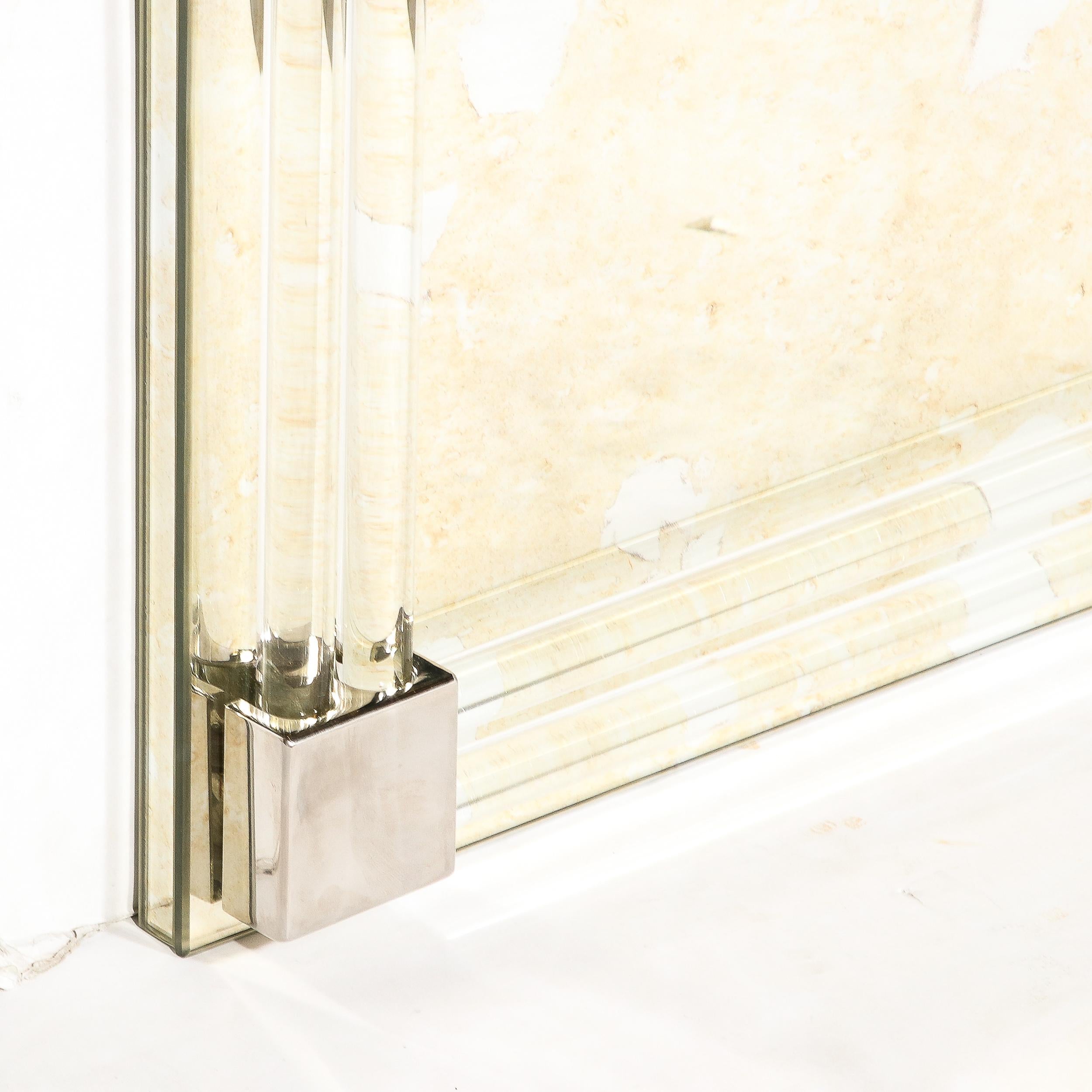 American Custom for High Style Deco Modernist Antiqued Mirror With Glass Rods & Nickel For Sale
