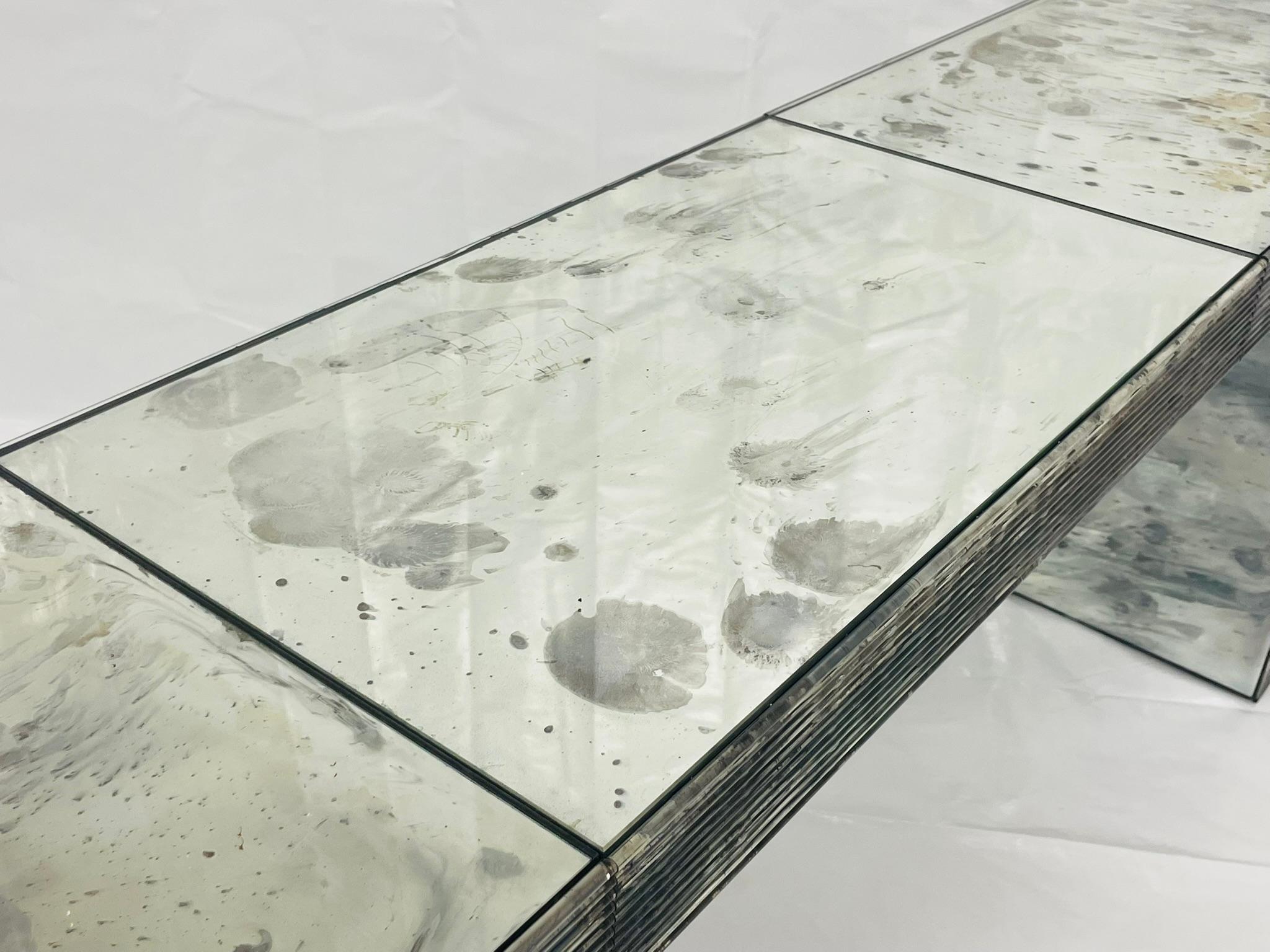 Modernist Antiqued Reeded Glass & Mirror Console Table by John Himmel, Canada For Sale 3