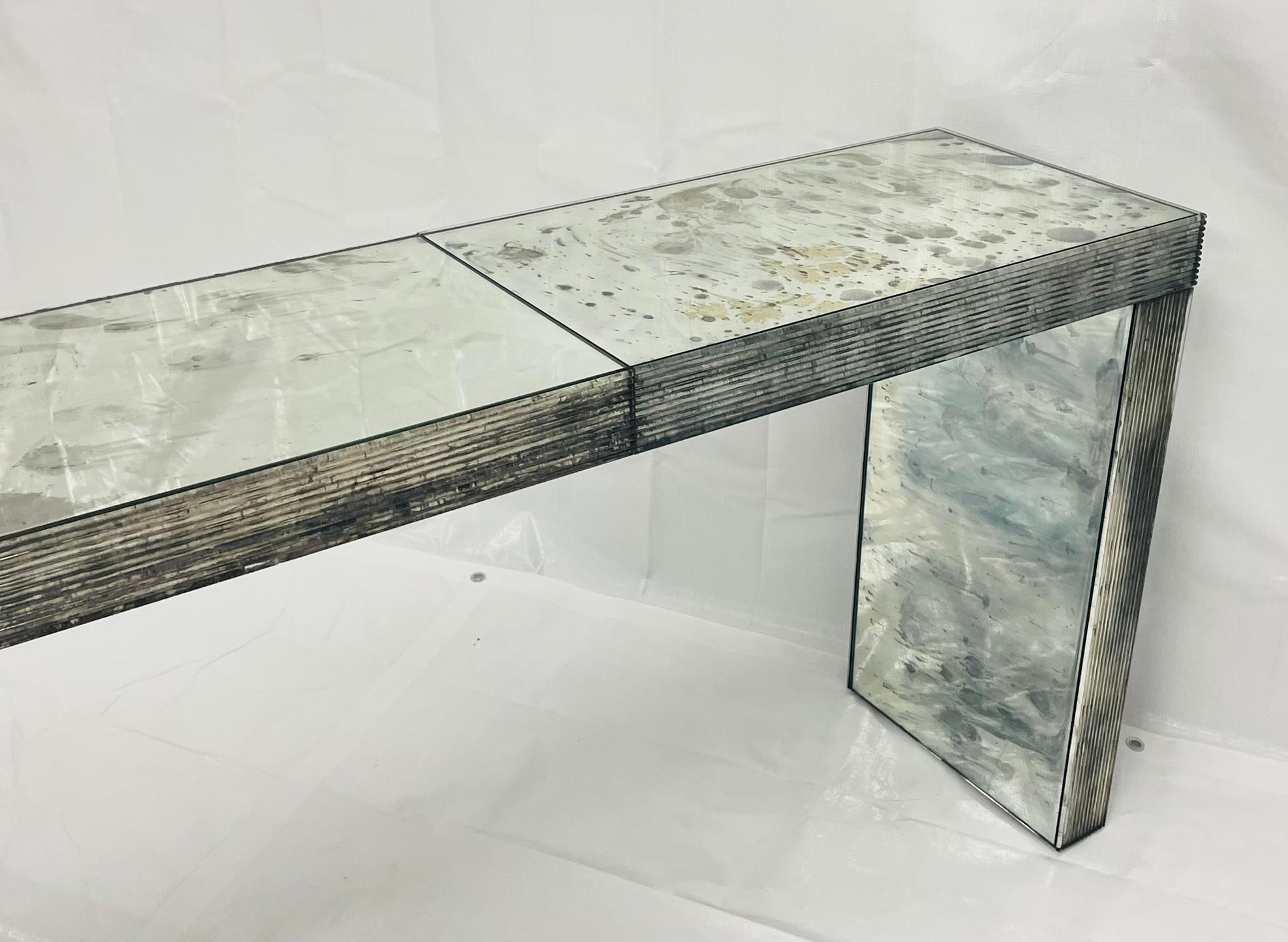 Modernist Antiqued Reeded Glass & Mirror Console Table by John Himmel, Canada For Sale 6