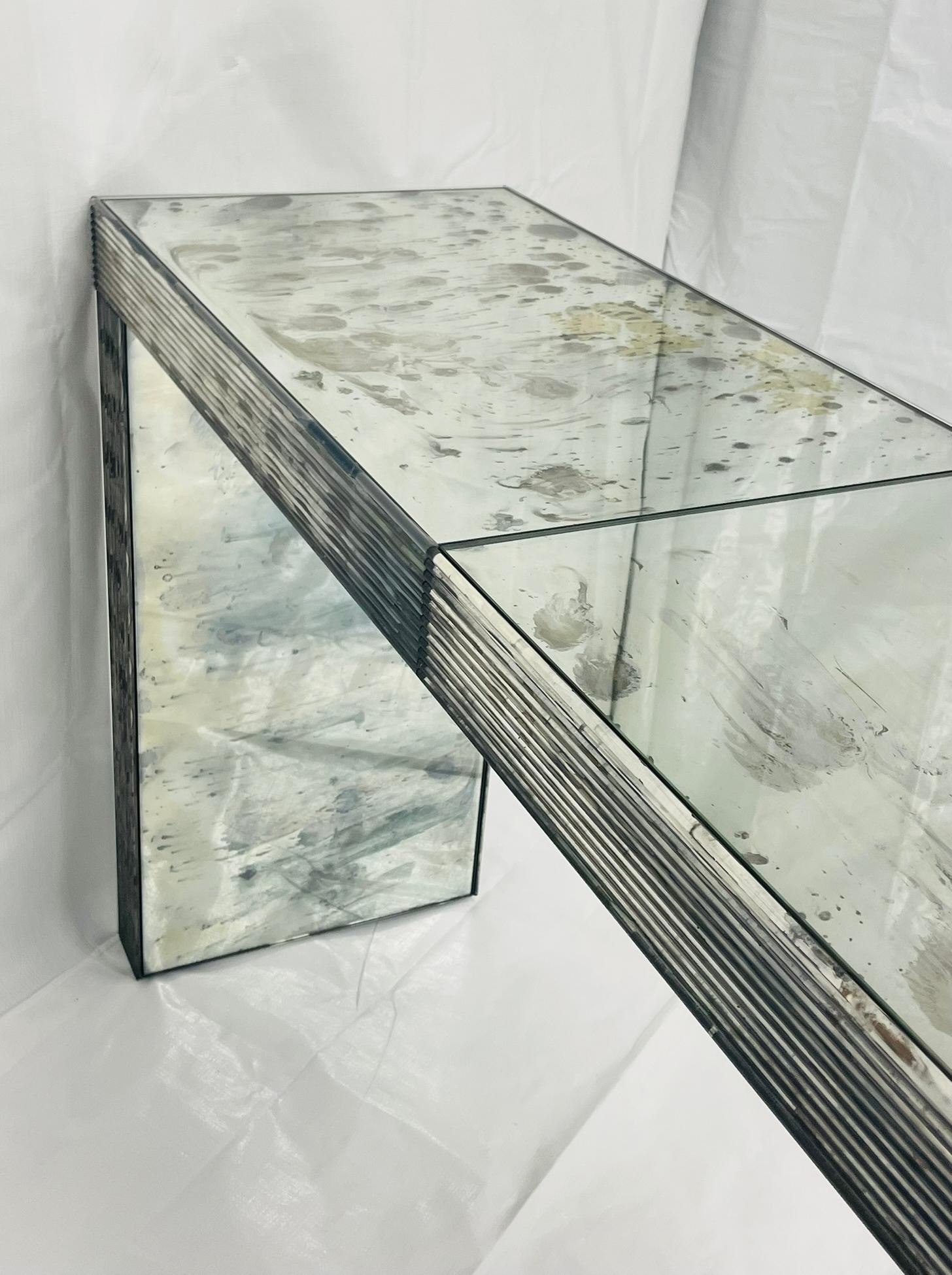 Modernist Antiqued Reeded Glass & Mirror Console Table by John Himmel, Canada For Sale 7