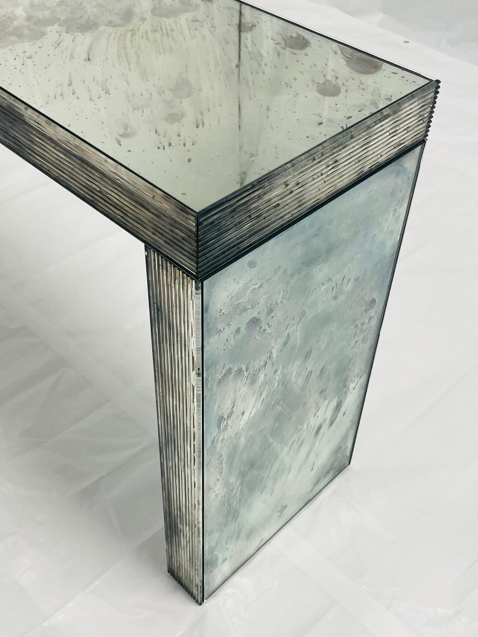 Modernist Antiqued Reeded Glass & Mirror Console Table by John Himmel, Canada For Sale 9
