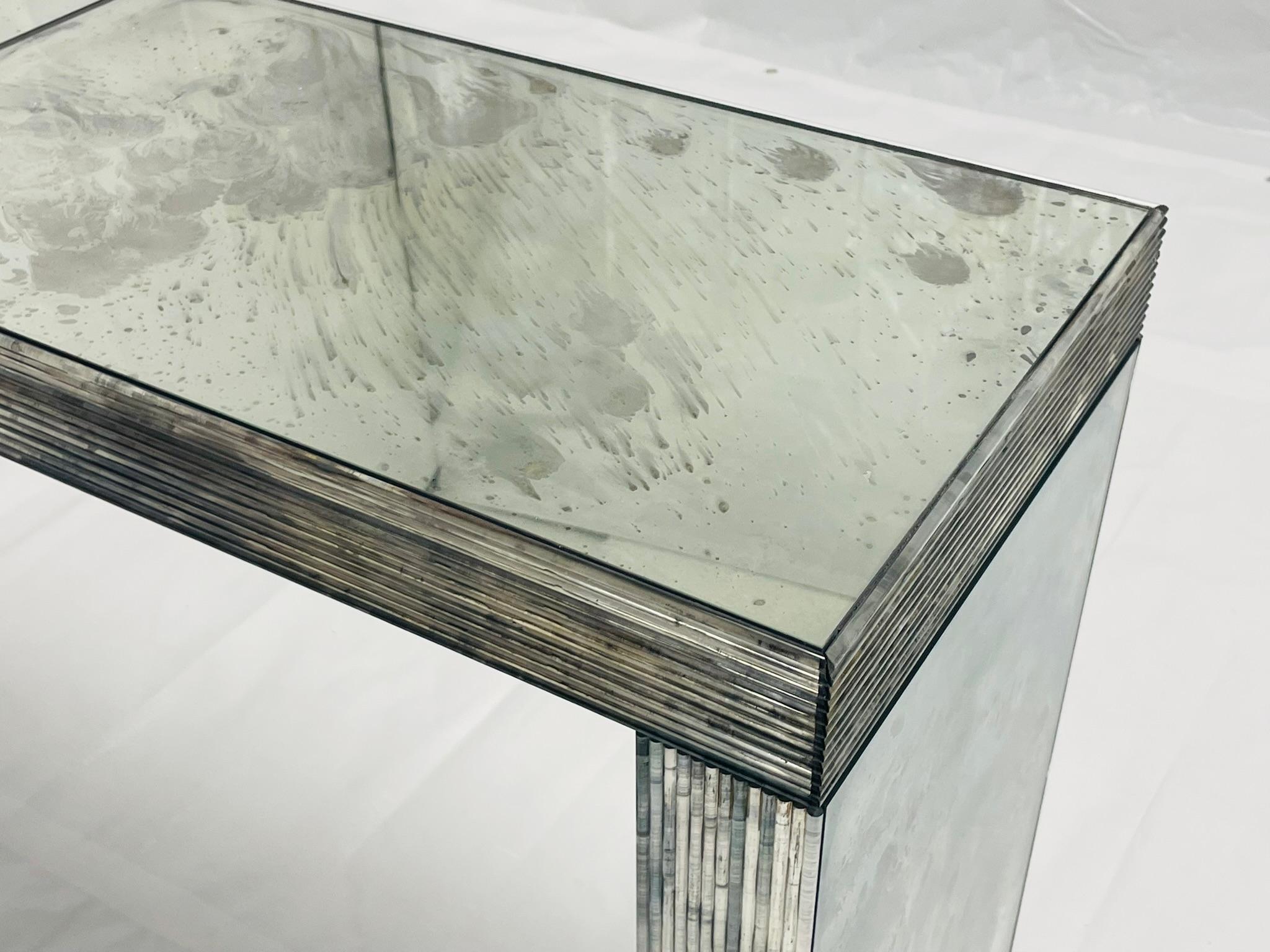 Modernist Antiqued Reeded Glass & Mirror Console Table by John Himmel, Canada For Sale 10