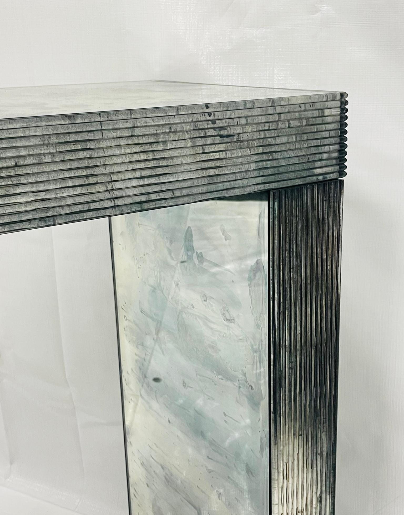 Modernist Antiqued Reeded Glass & Mirror Console Table by John Himmel, Canada For Sale 13