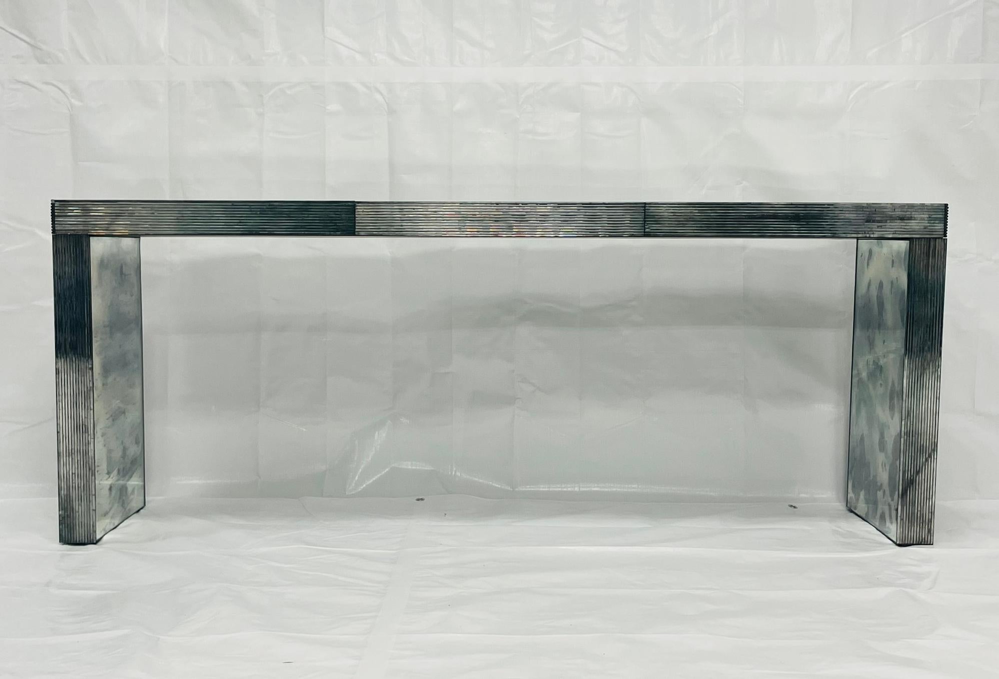 Post-Modern Modernist Antiqued Reeded Glass & Mirror Console Table by John Himmel, Canada For Sale
