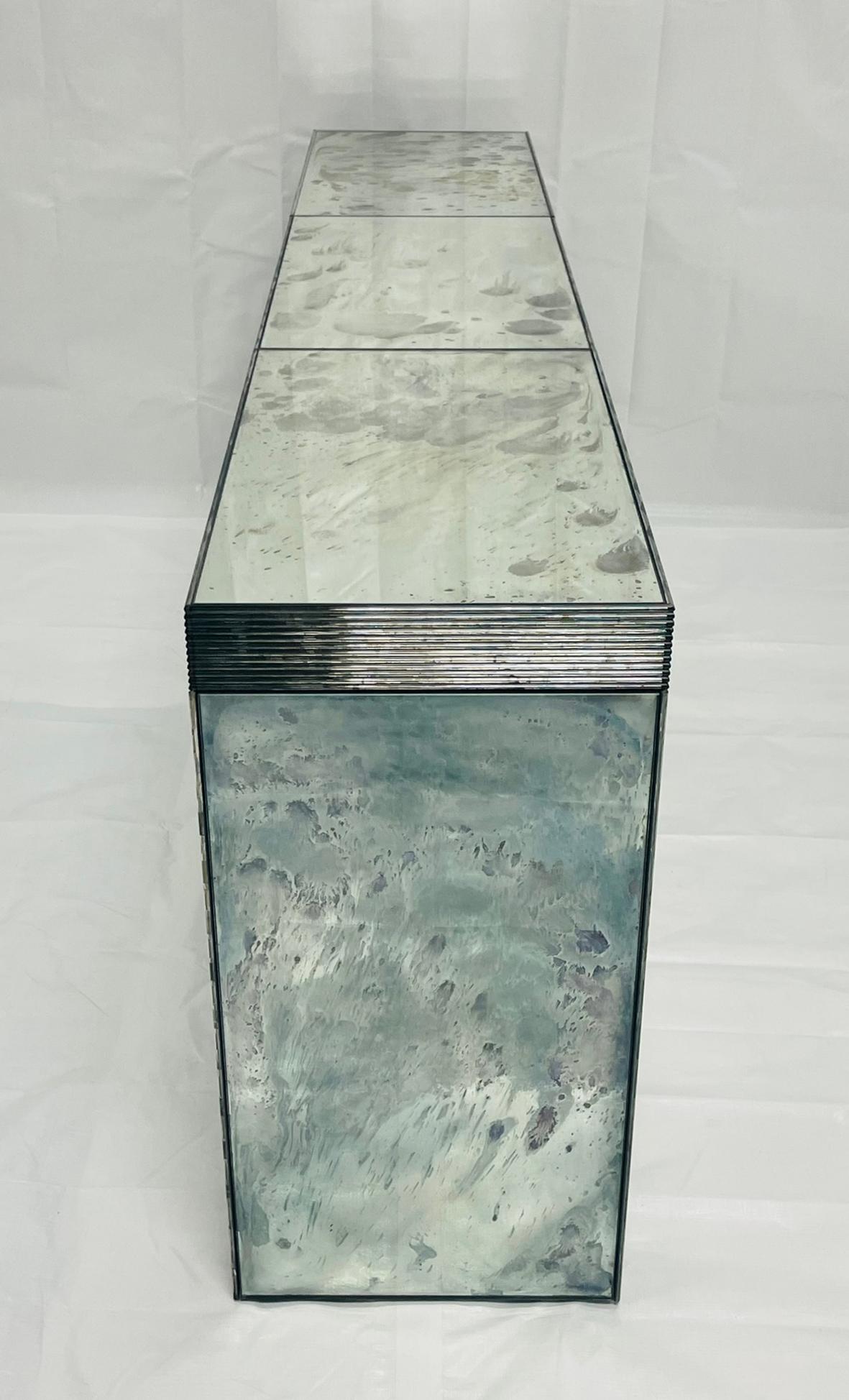 Canadian Modernist Antiqued Reeded Glass & Mirror Console Table by John Himmel, Canada For Sale
