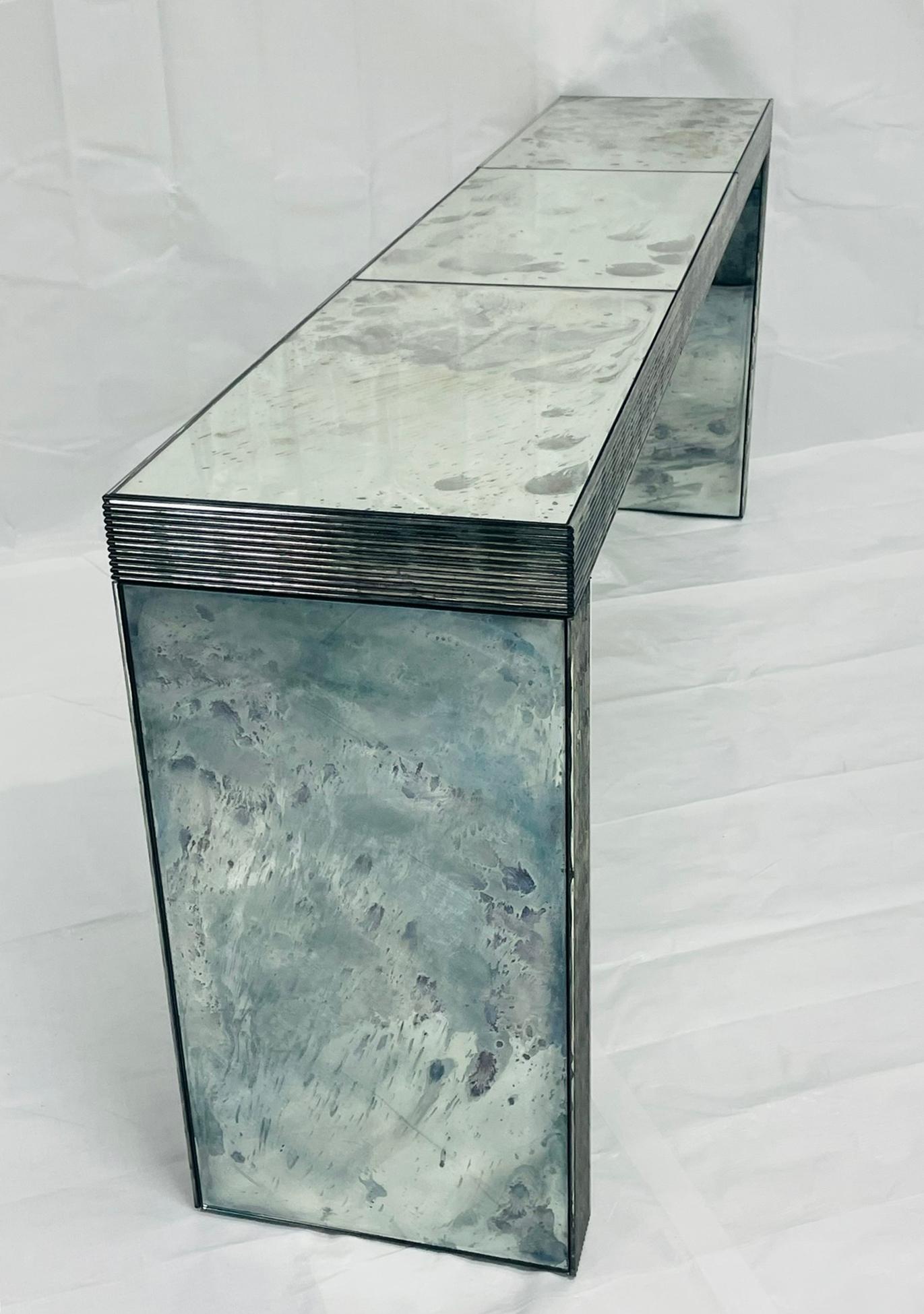 Hand-Crafted Modernist Antiqued Reeded Glass & Mirror Console Table by John Himmel, Canada For Sale