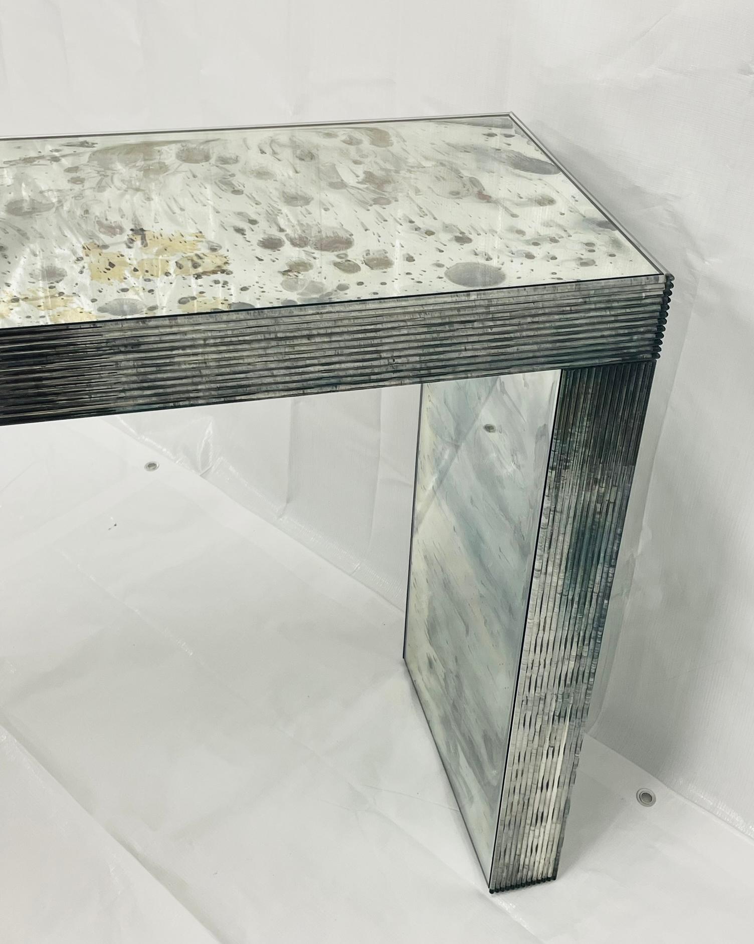 Contemporary Modernist Antiqued Reeded Glass & Mirror Console Table by John Himmel, Canada For Sale